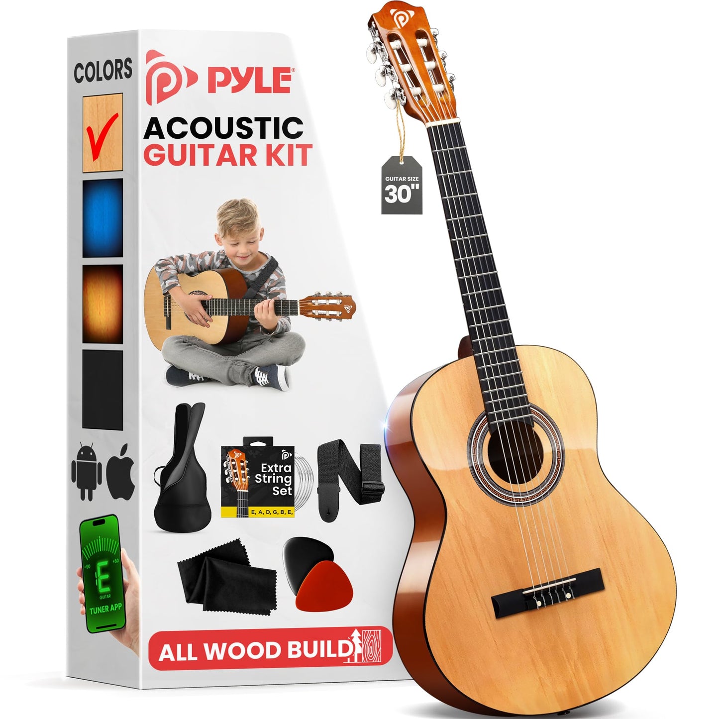 Pyle Beginner 6 String Acoustic Guitar Kit, 1/4 Junior Size Classical Instrument for Students, 30" Natural Gloss