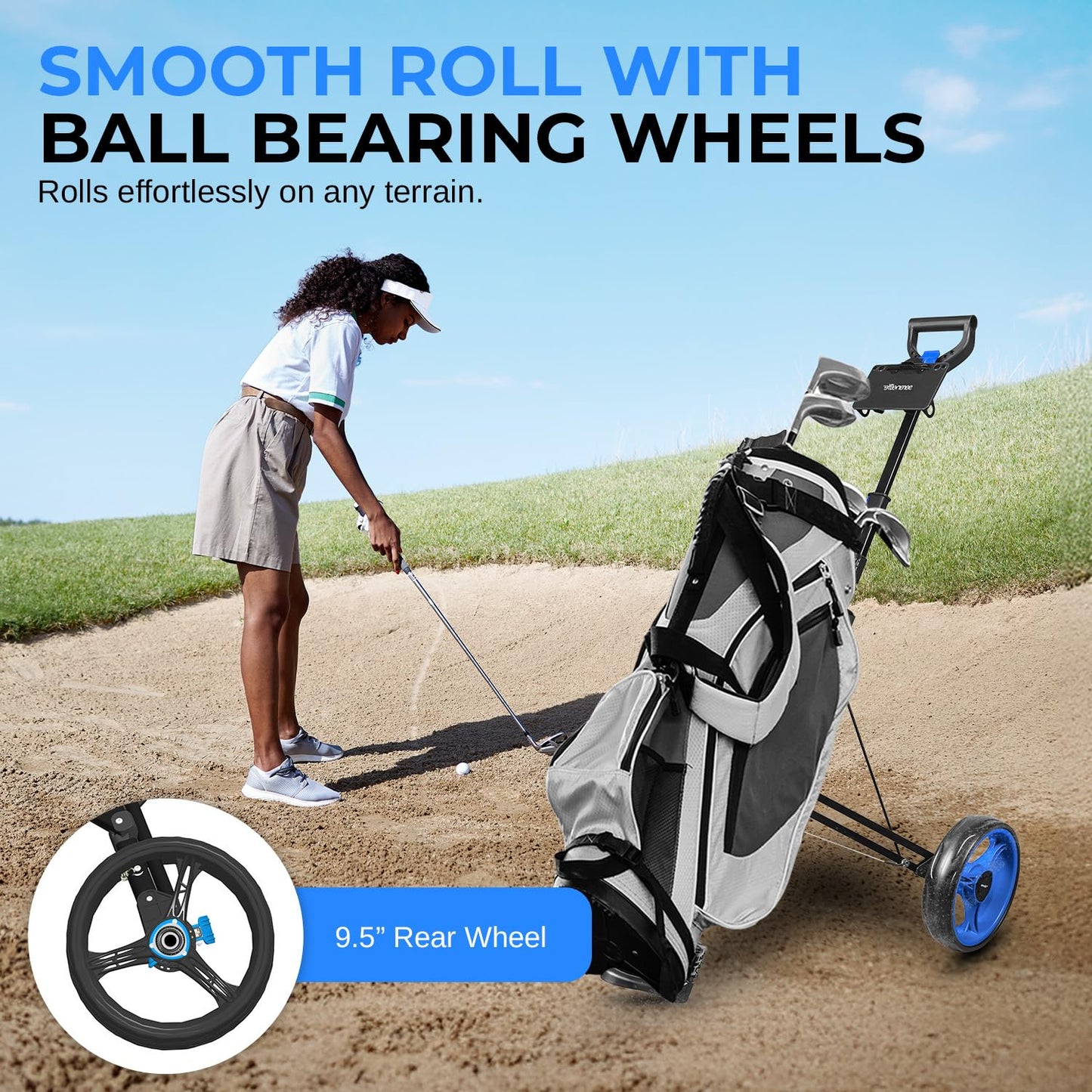 SereneLife 2-Wheel Golf Push Cart – Lightweight Foldable Aluminum Pull Trolley with Elastic Straps, Adjustable Handle, Quick Brake & Compact Design – Easy Storage Golf Caddy with 33 lb Load Capacity