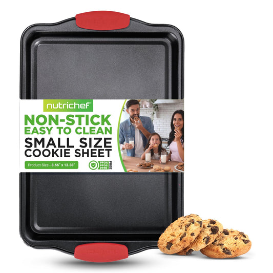 Nutrichef Nonstick Small Cookie Baking Sheet, Smooth Gray Coating with Red Silicone Handles, Kitchen Essential, Durable Sheet Pan, Dishwasher Safe, PFOA, PFOS, PTFE Free, 13.38’’ × 8.66’’ × 0.59’’