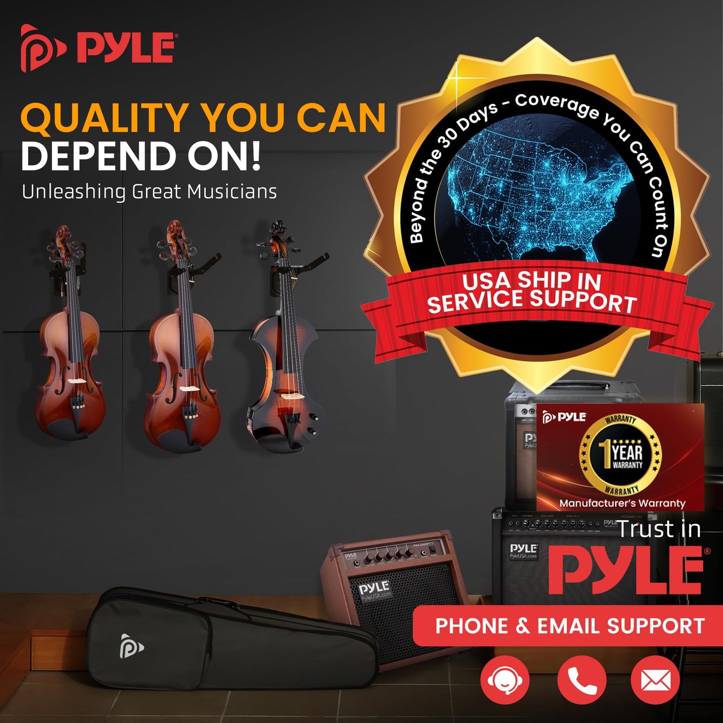 Pyle 4/4 Silent Electric Violin with Amplifier Kit, Solid Wood Fiddle with 10W Amp and Complete Accessories, Full Size Orchestral String Instrument For Beginner & Professional Use