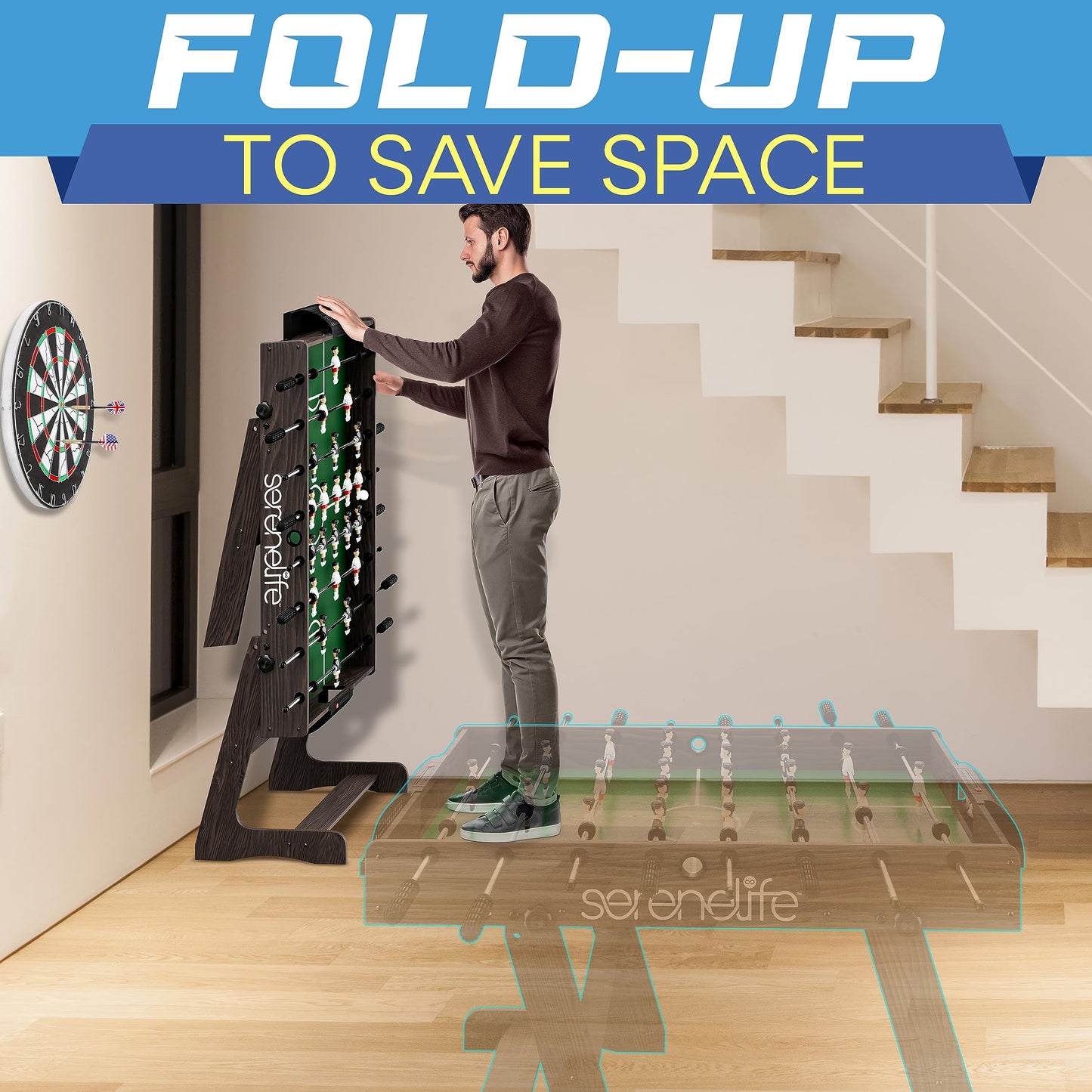 Folding Foosball Table, 4’ x 2’ Full Competition Size Foldable Space Saving Table Soccer for Home, Arcade Game Room, for Indoor or Outdoor, Family Game Night, Perfect for Kids and Adults