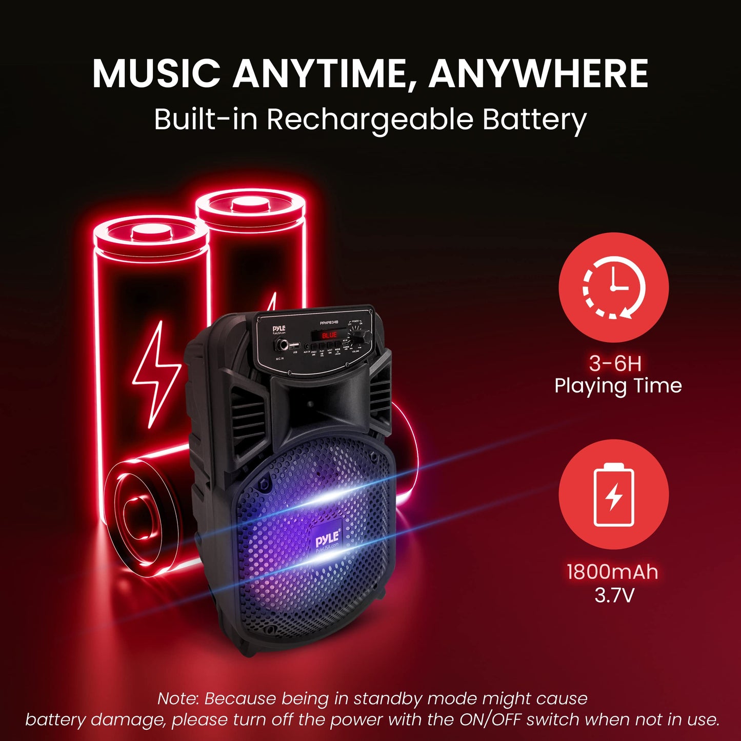 Pyle Portable Bluetooth PA Speaker System-300W Rechargeable Indoor/Outdoor Bluetooth Speaker Portable System w/ 8” Subwoofer 1” Tweeter, Microphone in, Party Lights, MP3/USB, Radio, Remote PPHP834B