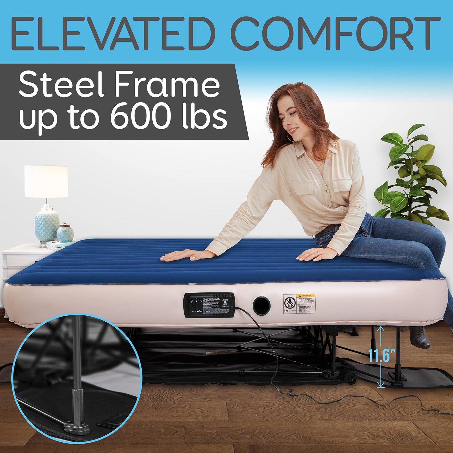 SereneLife EZ Bed Air Mattress with Frame and Rolling Case, Self-Inflating Airbed with Built in Pump for Travel and Hosting, King