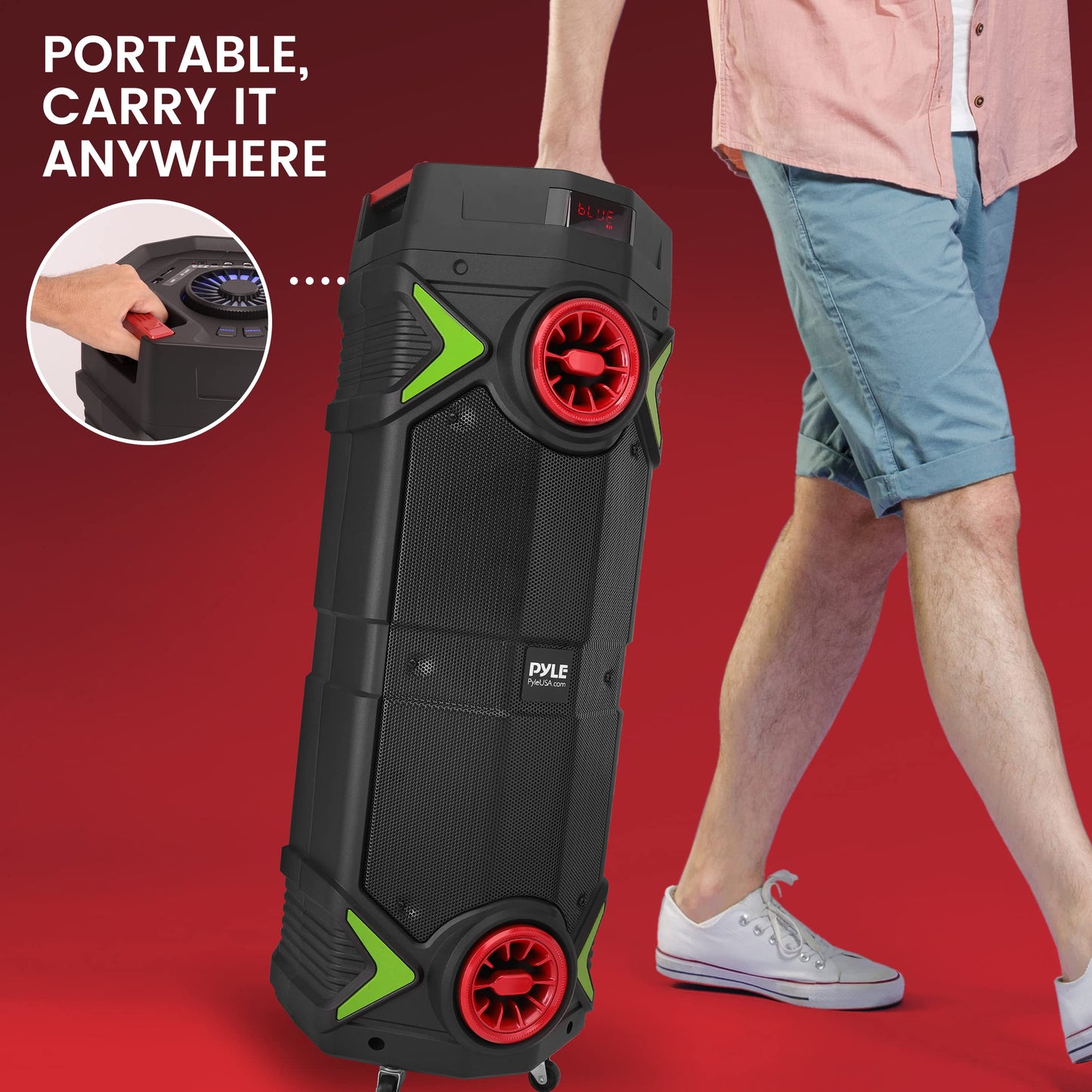 Pyle Portable Bluetooth PA Speaker - 400W Dual 8” Rechargeable Indoor/Outdoor BT Karaoke Audio System-Party Lights, LED Display, FM/AUX/MP3/USB/SD, 1/4" in,Handle, Wheels-Wireless Mic, Remote Control