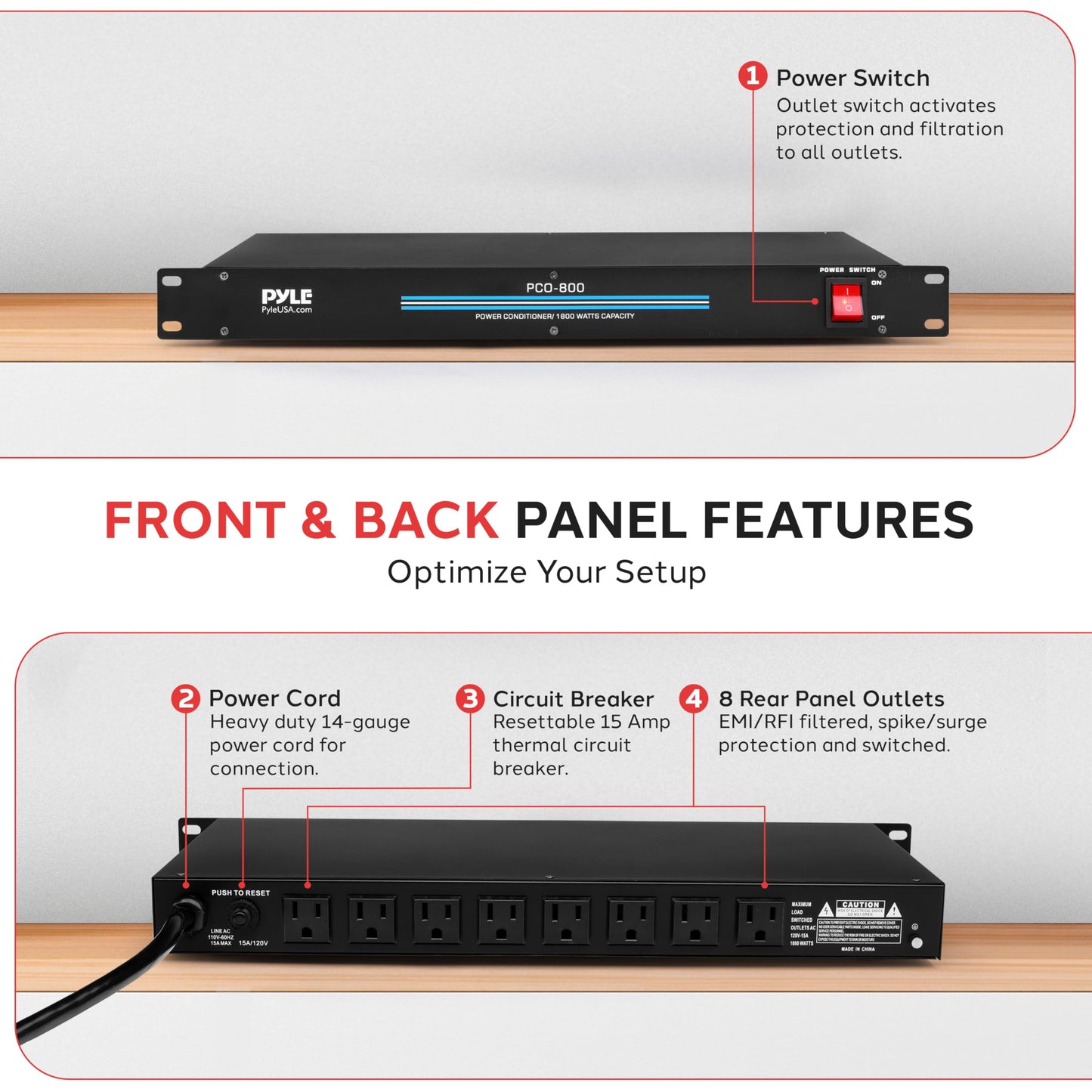 Pyle 1800W 8 Rack Mount Conditioner-15 Amp Surge Protector with Noise Suppression Rear Outlet for Multi Appliances-Triple Mode Protection-AC Power-for Home & Computer, Black (PCO800)