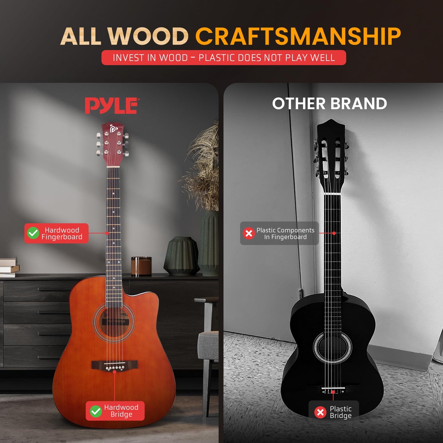 Pyle Steel String Acoustic Guitar Kit, 4/4 Full Size Cutaway All-Wood Guitarra Acustica with Premium Accessory Set and Upgraded Gig Bag, 41" Brown Glossy