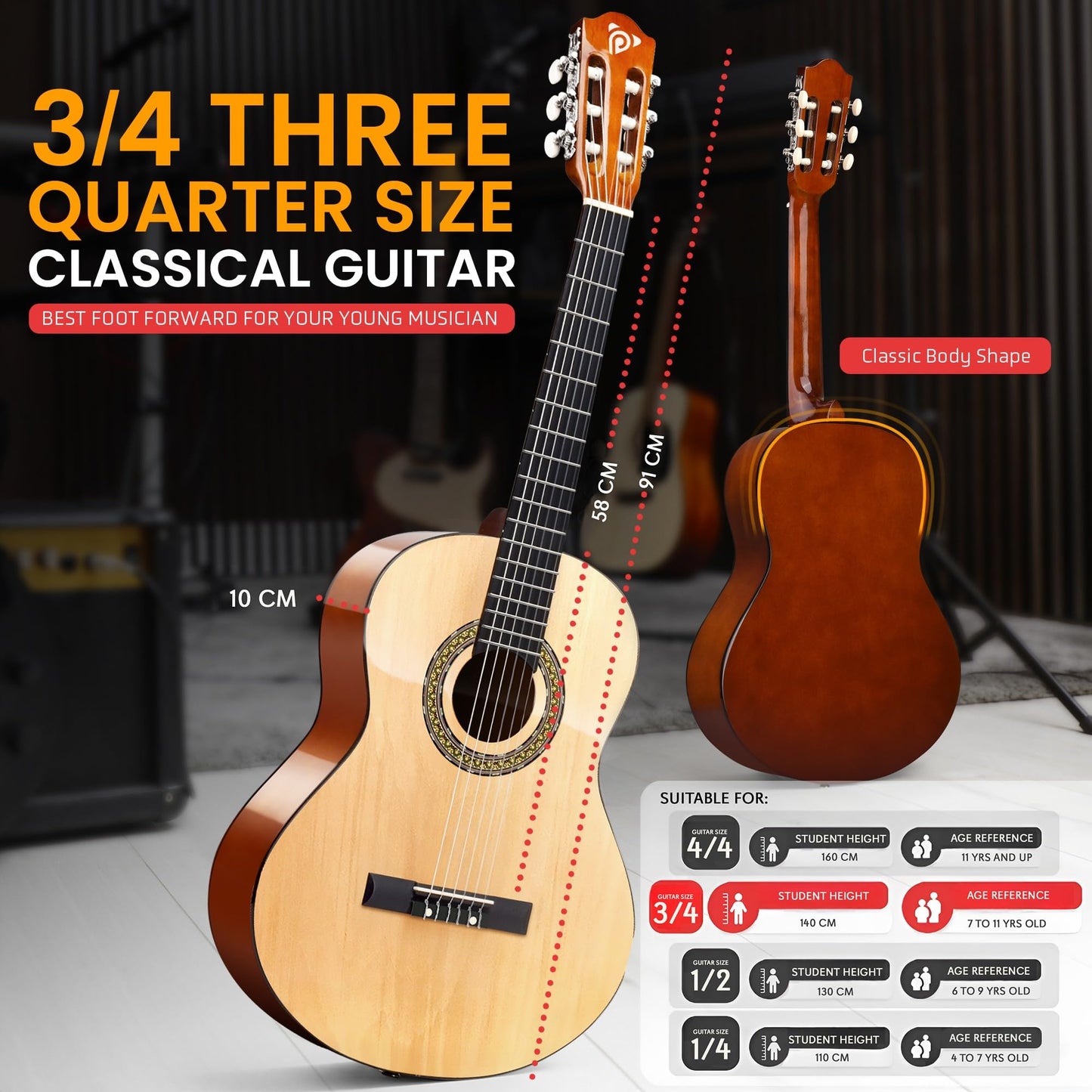 Pyle Beginner Acoustic Guitar Kit, 3/4 Junior Size All Wood Instrument for Kids, Adults, 36" Natural Ash