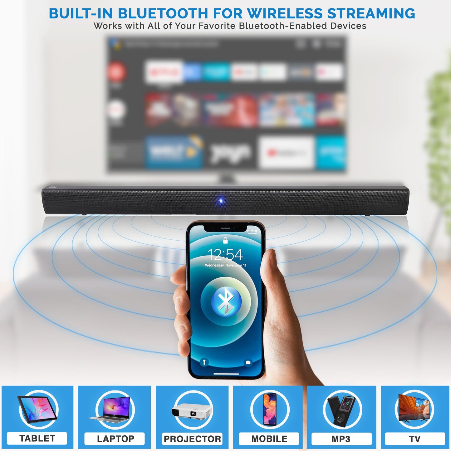 Pyle Wave Base Sound bar with Bluetooth for TV Tabletop Digital Audio Speaker System/Home Theater, Gaming, Projectors, with Remote Control, Inputs AUX, Optical in, USB - PSBV110B