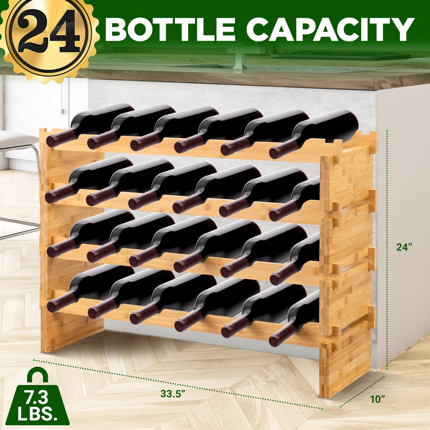 NutriChef Bamboo Modular Wine Rack for Magnum Size Wine Bottles (4” Diameter) - 24 Bottle 4-Tier 2 Cross Compatible Stackable Wine Rack Systems
