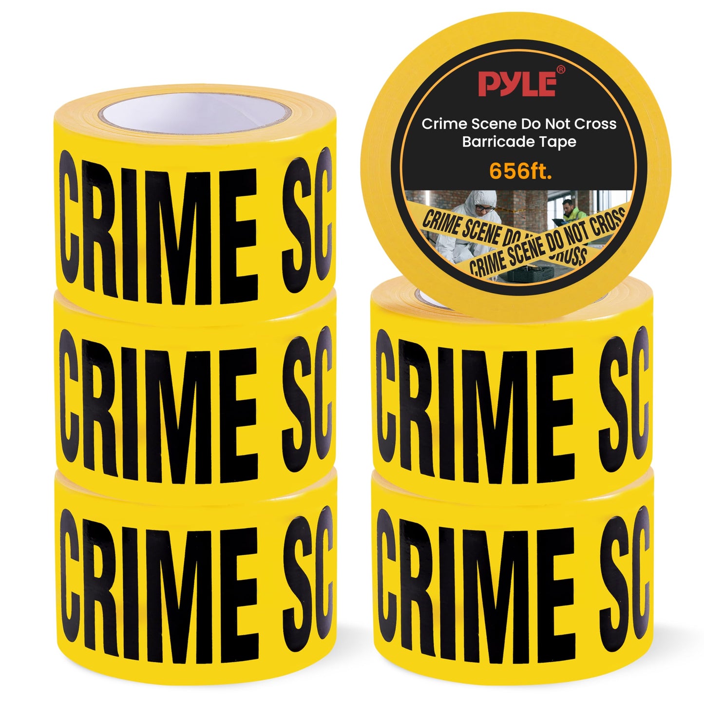 Pyle 6 Pieces Yellow Crime Scene Do Not Cross Tape Set - 656 Foot Long Tape Roll Suitable for a Wide Range of Applications, Including Roadworks, Events, and Hazardous Areas