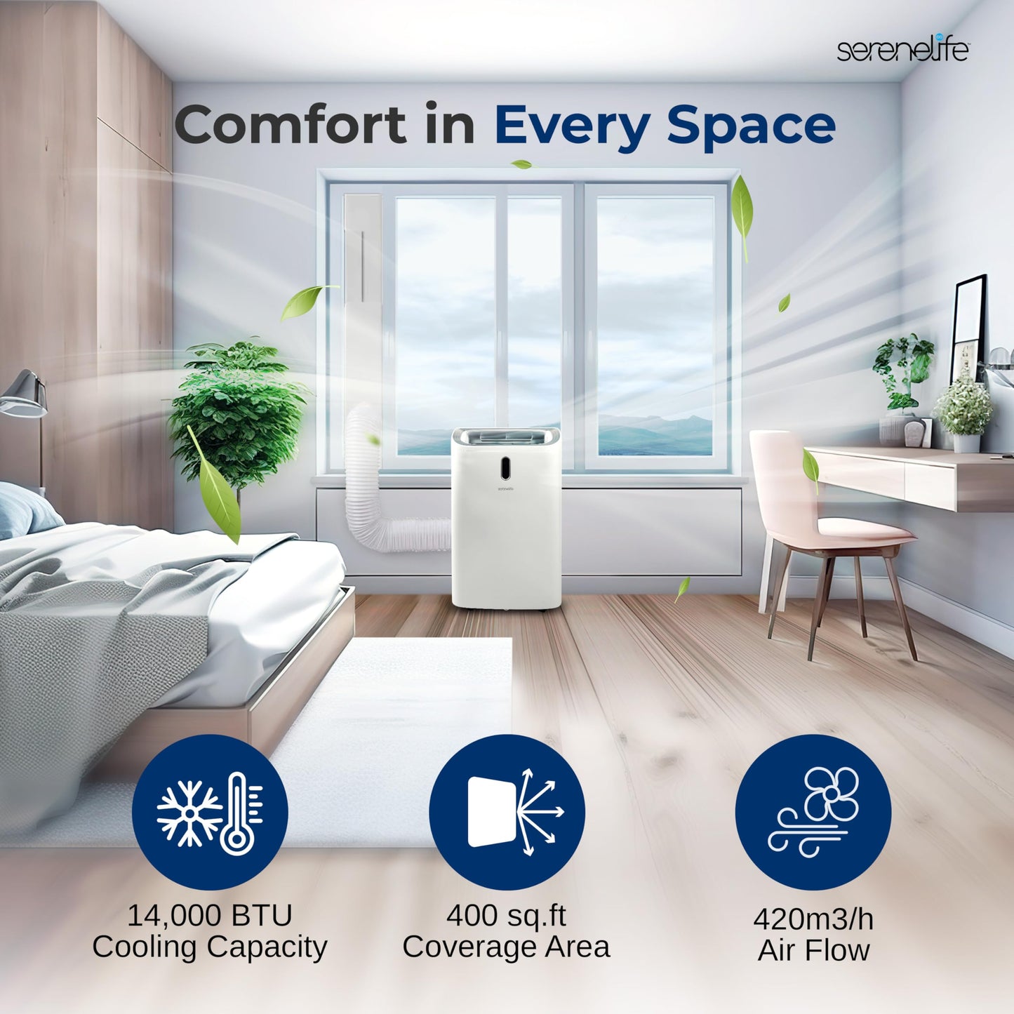 SereneLife SLPAC406W Portable Air Conditioner-14000 Capacity (ASHRAE) Compact Home A/C Cooling Unit with Built-in Dehumidifier & Fan Modes, Includes Window Mount Kit (White), 14,000 BTU