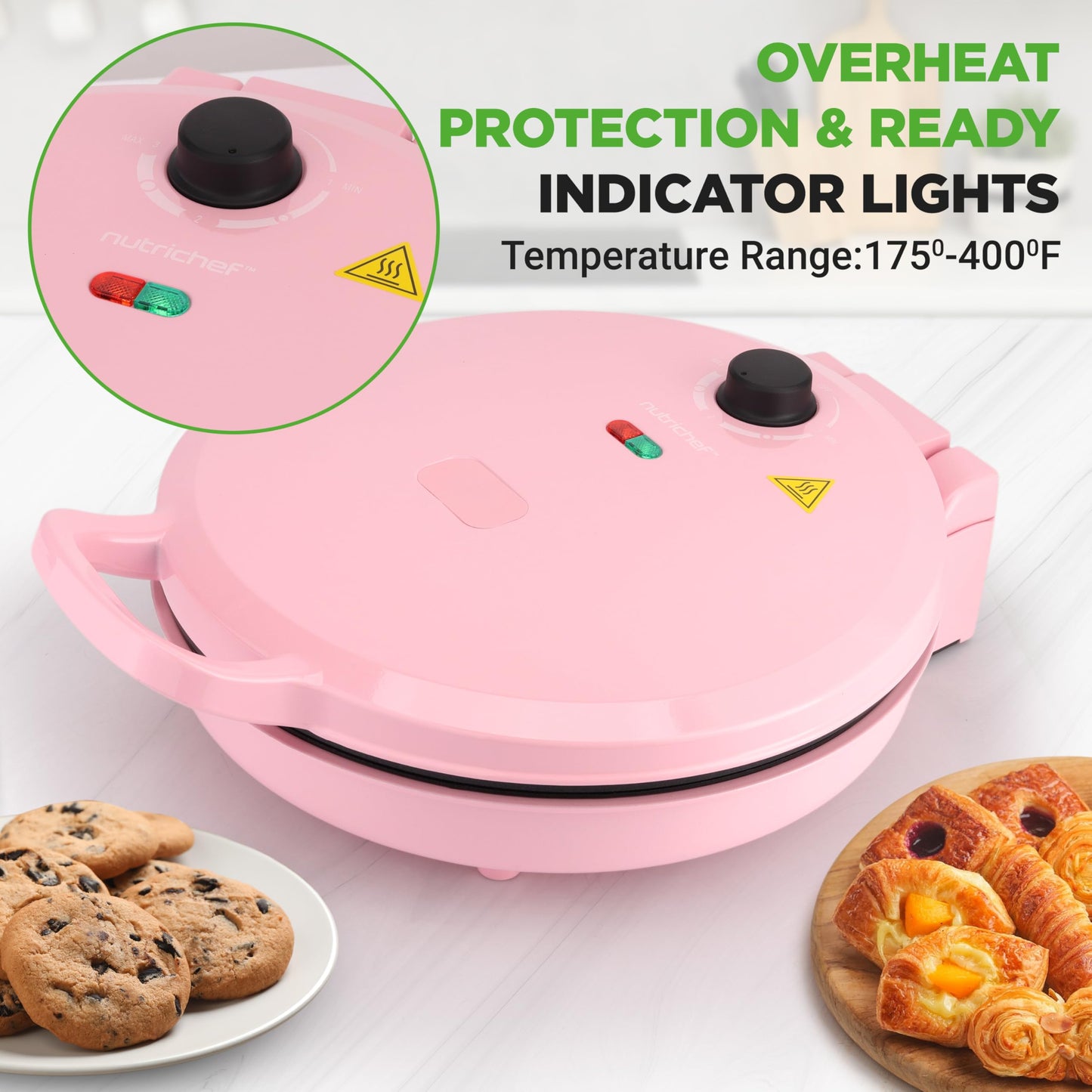 NutriChef Countertop Pizza Maker | 1500W Non-Stick Electric Pizza Cooker | Make 12" Personal Pizzas, Eggs, Toast & More | Cool-Touch Handles, Compact & Space-Saving | Temp Range 175-400°F | Pink