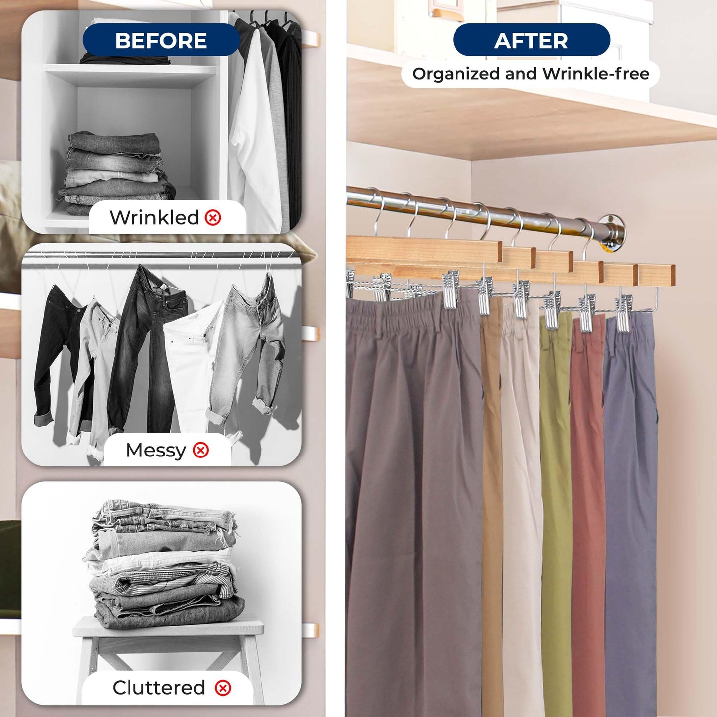 SereneLife 30 Pack Wooden Pants Hangers with Clips – Natural Wood 14"x0.5"x6.7", Heavy Duty Wood Skirt Hangers with 360° Swivel Hook & Adjustable Non-Slip Clips for Jeans Slacks Shorts