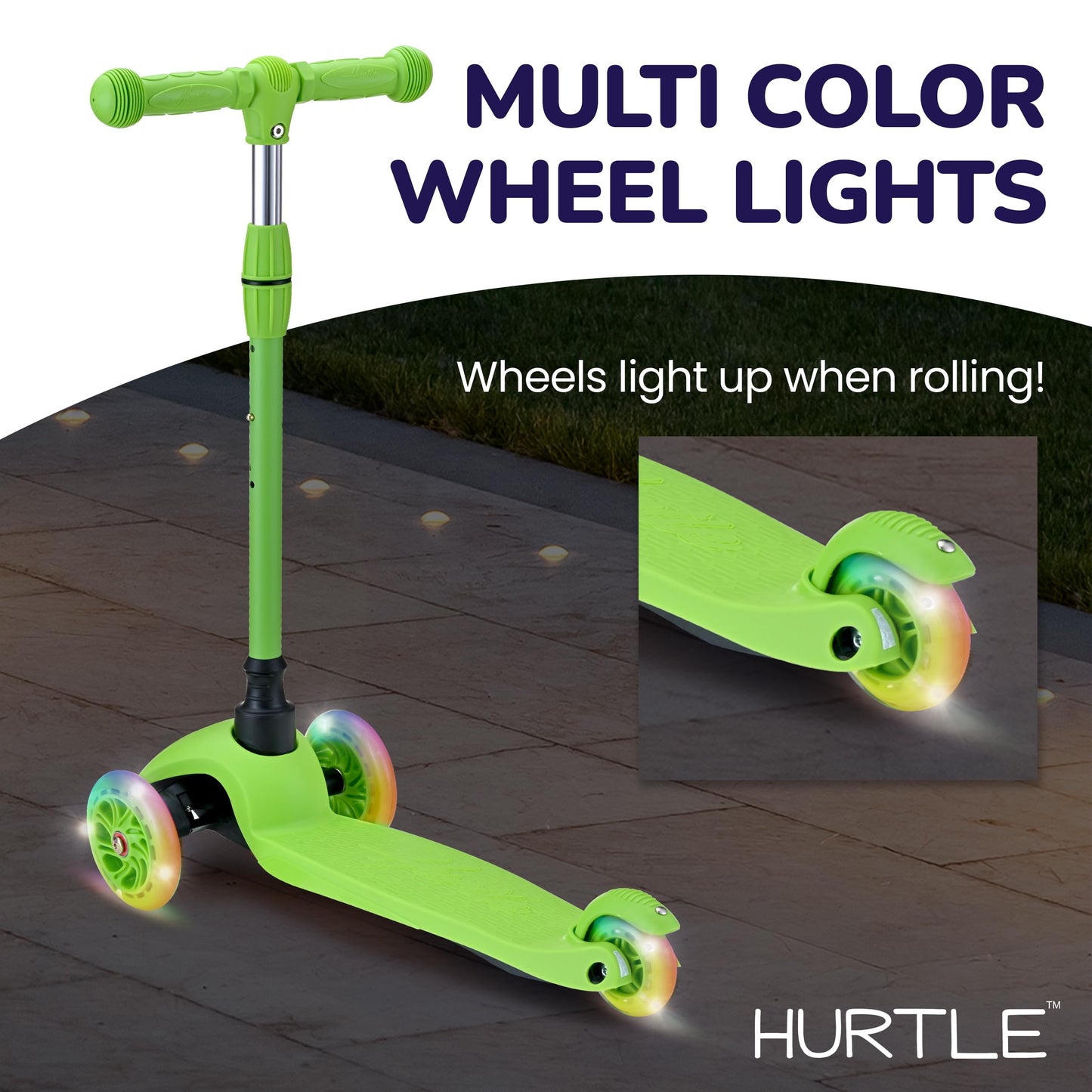 Hurtle Mini Kickboard Scooter for Kids - Height Adjustable 25''-28'', Lightweight 3-Wheel with LED Light-up Wheels, Anti-Slip,Indoor/Outdoor Fun, Micro Scooters for Ages 2-5 (Green)