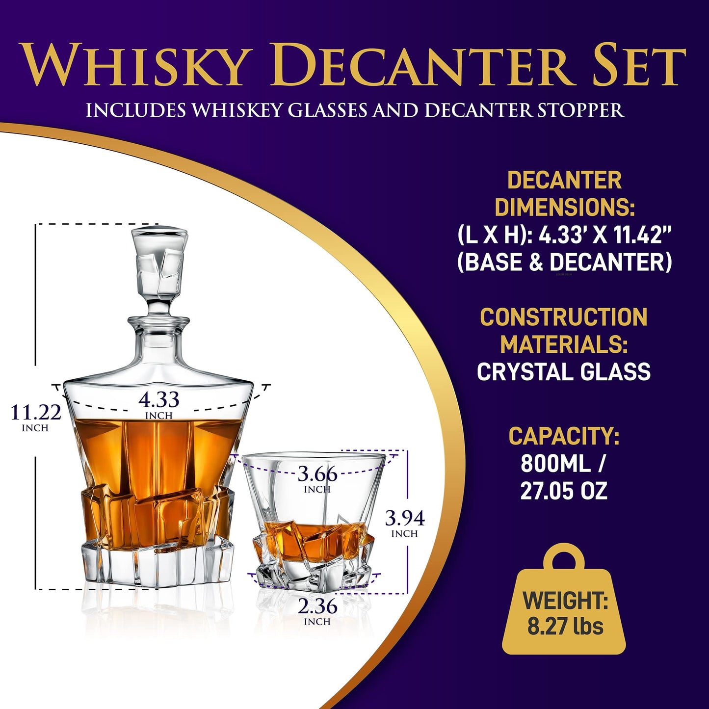NutriChef Home Bar Whiskey Decanter Set, Glass Decanter with Four 800ml Whiskey Glasses, Elegantly Styled with Real Crystal for Maximum Flavor and Shelf Life, Naturally Aerates, Dishwasher Safe