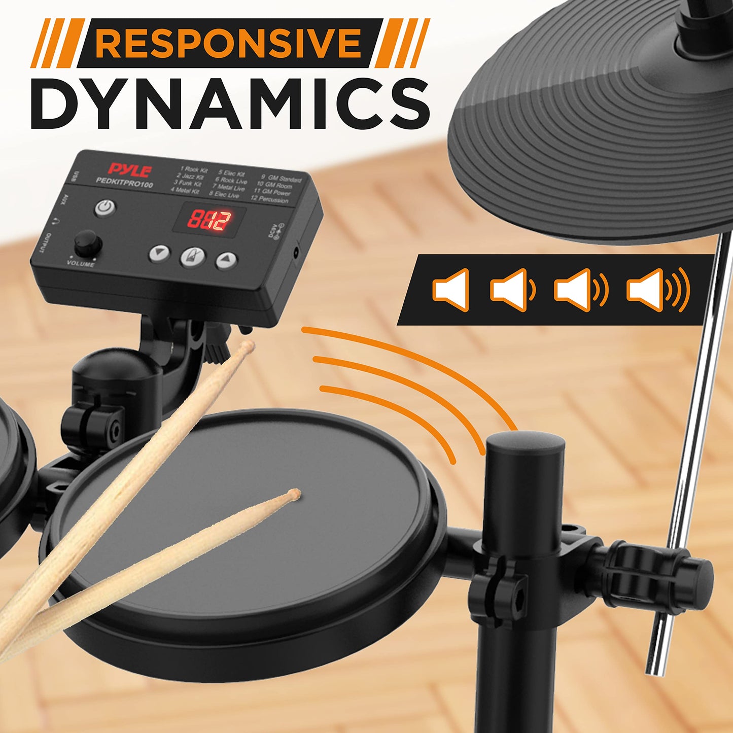 Pyle 7-Piece Electric Drum Set, Electronic Drumming Kit Machine with MIDI Support, Preloaded Sounds, Record Mode, Cymbals, Digital Foot Pedals, Sound Module, Drumsticks, Mac/PC Compatible