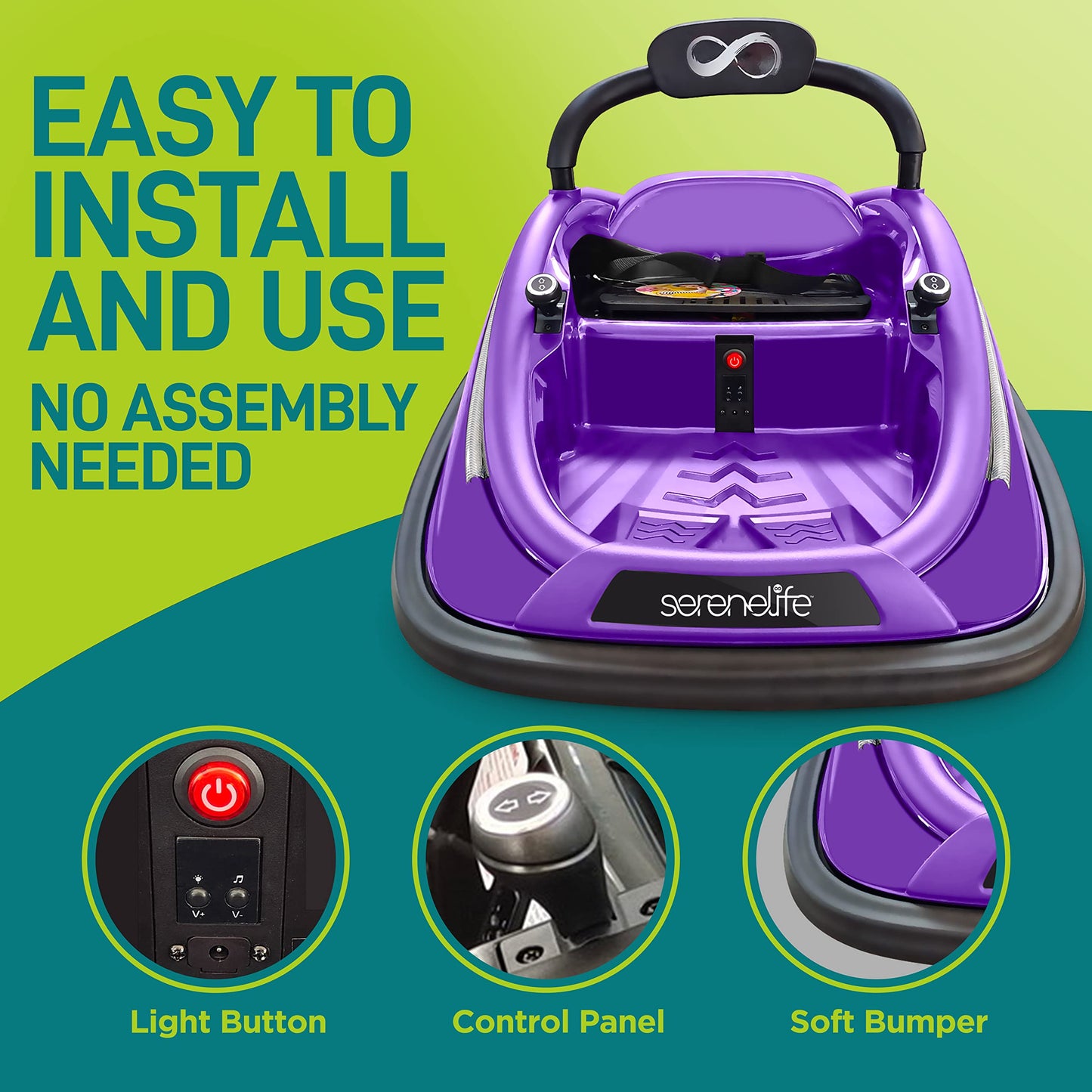SereneLife 12V Electric Bumper Car for Kids – Remote Control Option, 360° Spin, LED Lights, Safety Belt, Kids Toddler Baby Bumper Car 3-8 Years (Purple)