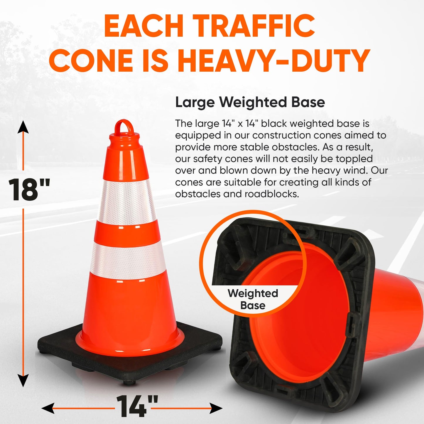 Pyle 18" PVC Traffic Cones, 6-Pack Safety Cones for Parking, Construction, Roadwork, & Sports Training, High-Visibility Orange, Durable, Stackable Design, Heavy-Duty Base for Stability in All Weather
