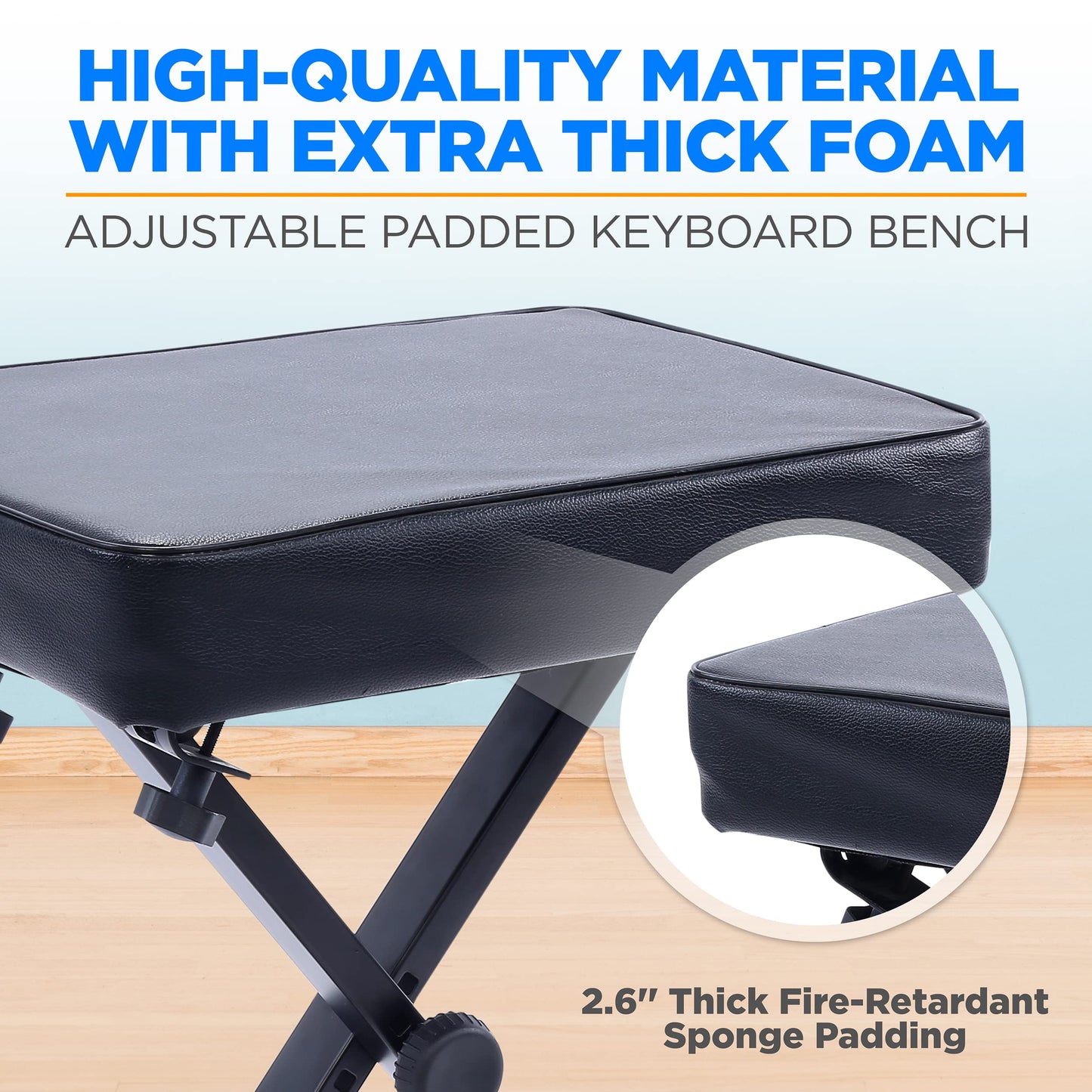 Pyle Adjustable Padded Keyboard X Bench, 21.2 - 23.2 Inches Height, 2.6'' Thick Fire-Retardant Sponge Padding Designed to Fit Users of all Sizes and Playing Styles, Foldable Design for Easy Transport