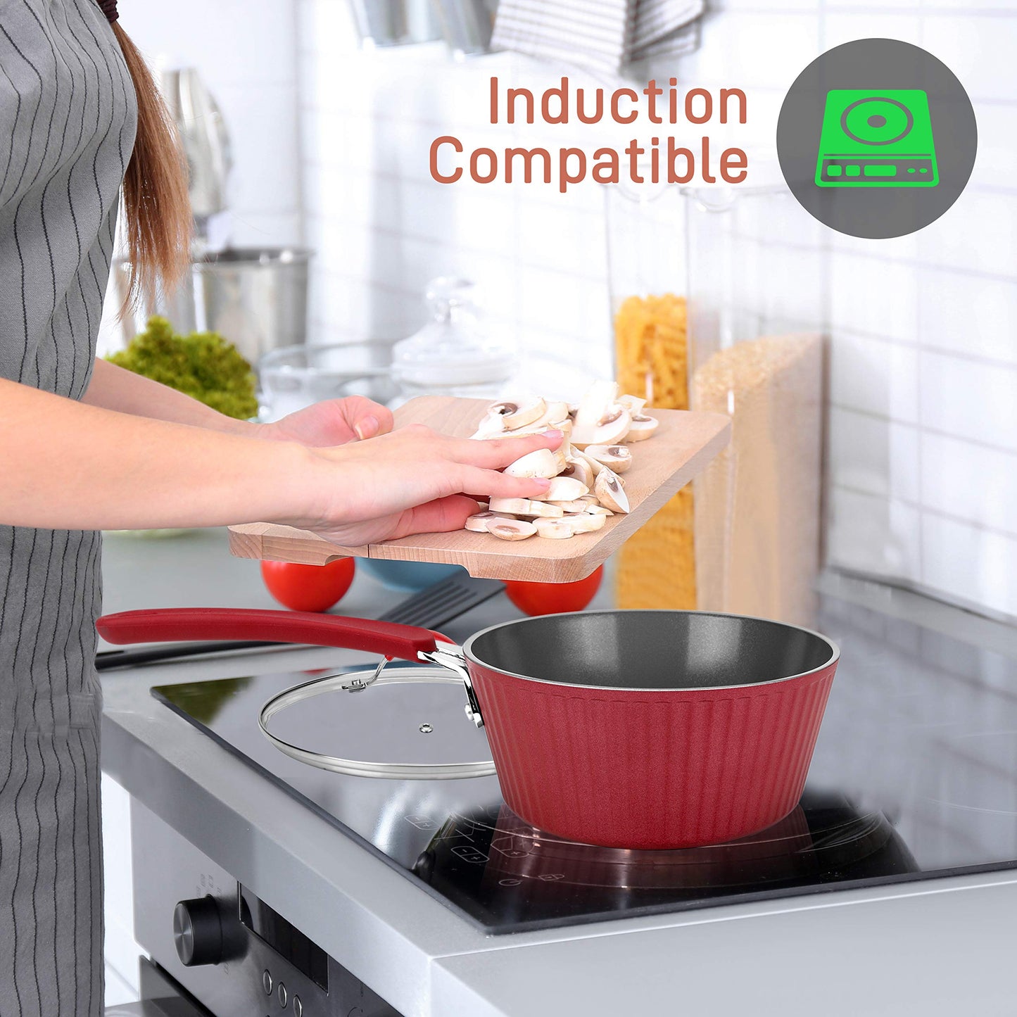 NutriChef Durable Sauce Pot with Lid - Non-stick High-Qualified Kitchen Cookware with See-Through Tempered Glass Lids, 1.7 Quarts, Works with Model: NCCW11RDL, One size, Red - NutriChef PRTNCCW11RDLSP