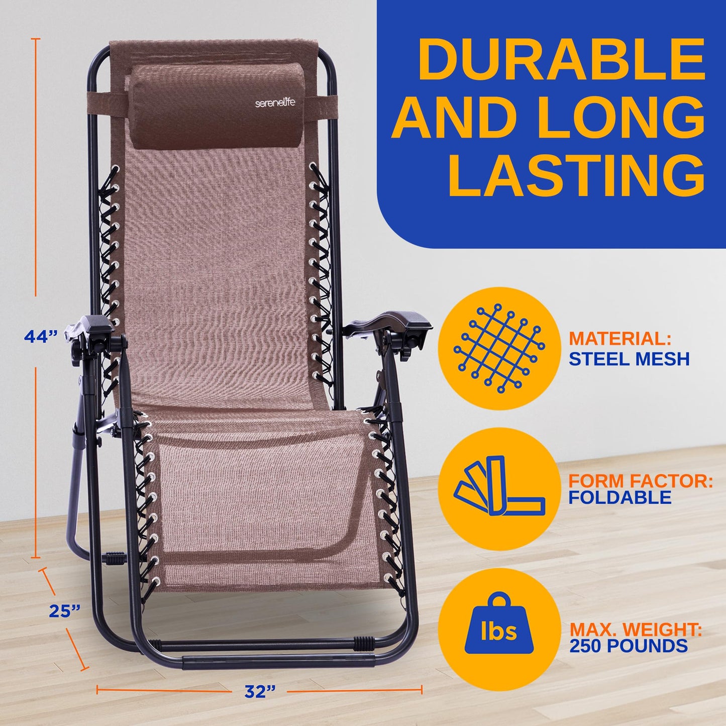 SereneLife Outdoor Zero Gravity Recliner Set with Table – 2-Pack Adjustable Lounge Seats with Headrest Pillow, Cup Holders – Foldable for Lawn, Patio, Camping – Brown