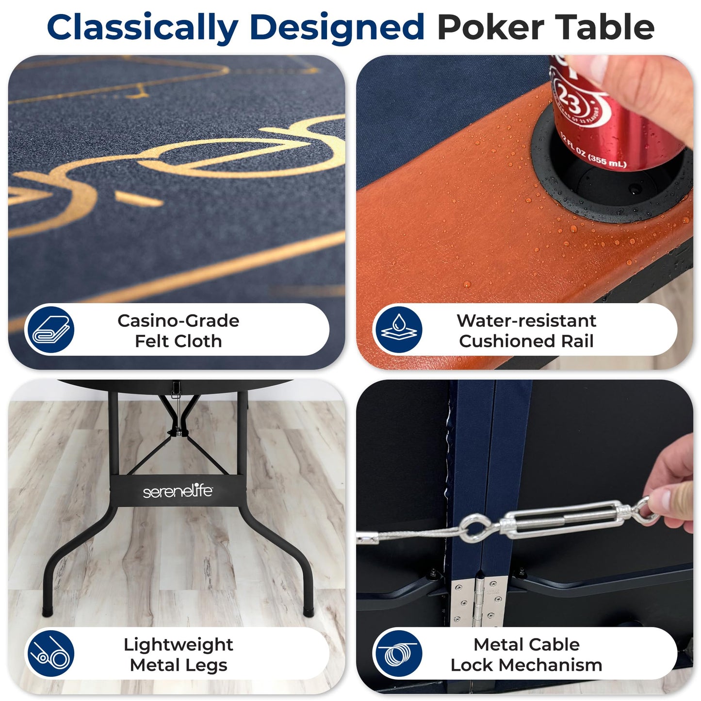 SereneLife 6ft Foldable Poker Game Table, 8 Player Casino Style Oval Card Table with Cushioned Rails, 8 Cup Holders, Metal Legs, Water-Resistant, Felt-Surface, Games Table 71.65"x32.28"x29.13" Inch