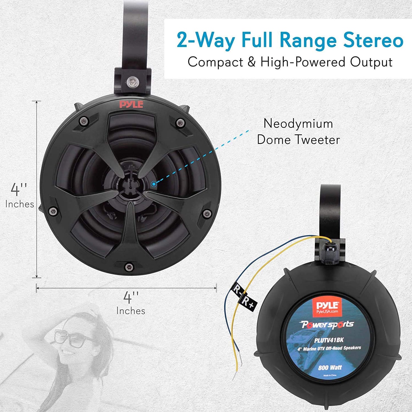 Pyle 2-Way Dual Waterproof Off-Road Speakers, 4 Inch 800 Watt Marine Grade Wakeboard Tower Speakers System, Full Range Outdoor Audio Stereo Speaker for ATV, UTV, Quad, Jeep, Boat - PLUTV41BK, Black