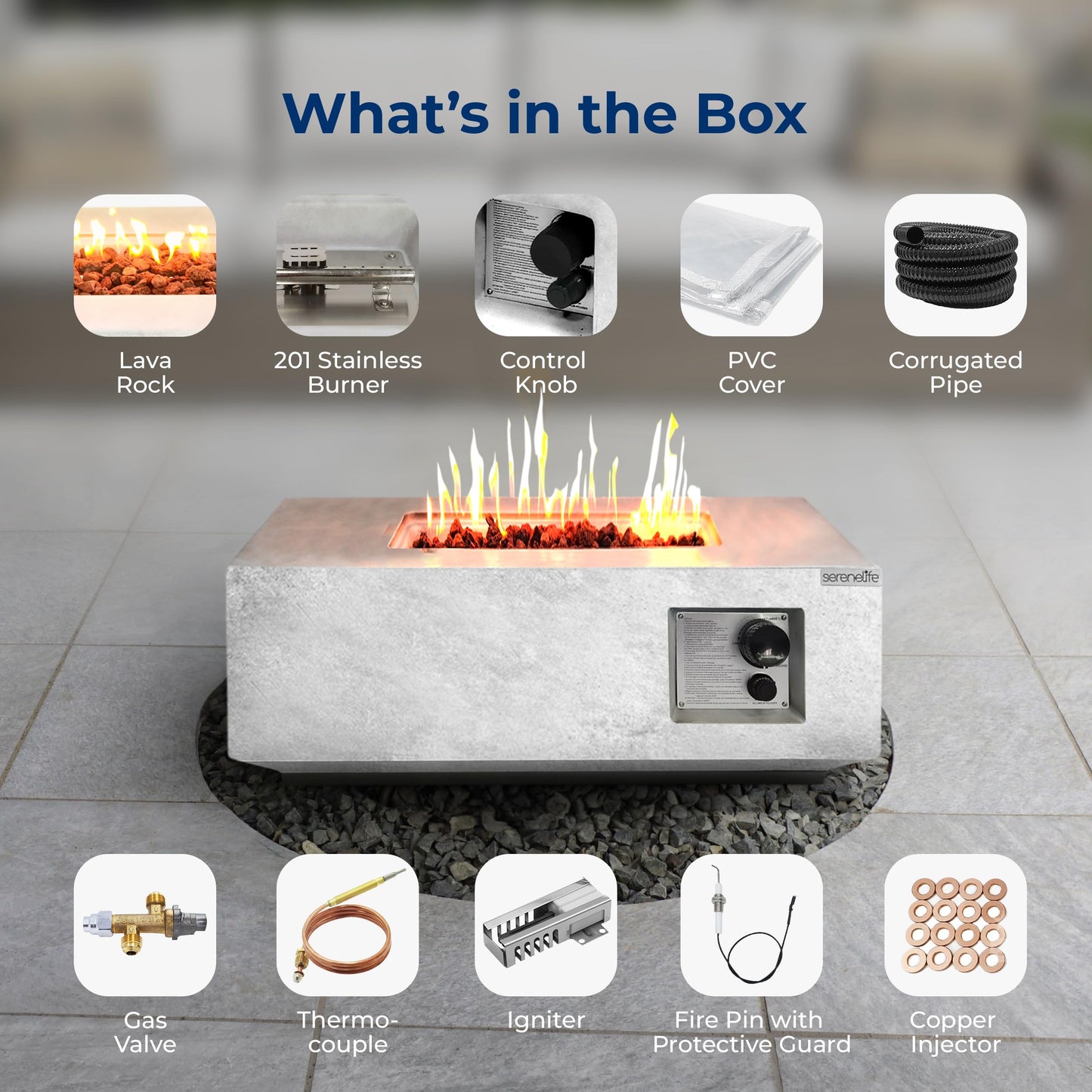 SereneLife Propane Gas Fire Pit Table - 40,000 BTU Square Outdoor Firepit with Cover, Lava Rock, and Adjustable Flame Height