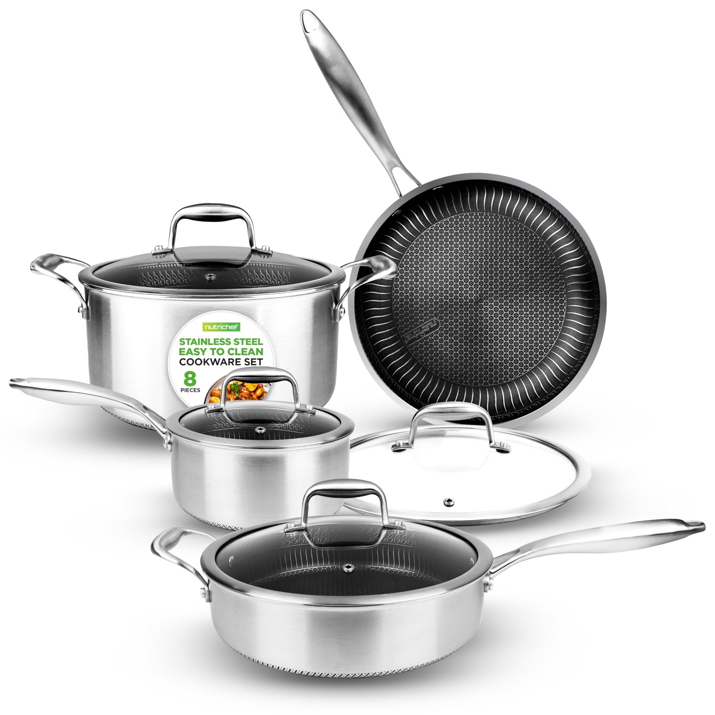 NutriChef 8-Piece Triply Cookware Set Stainless Steel - Triply Kitchenware Pots & Pans Set Kitchen Cookware, Non-Stick Coating - Sauce Pot, Stew Pot, Cooking Pot, Frying Pan, Lids - NC3PLY8Z