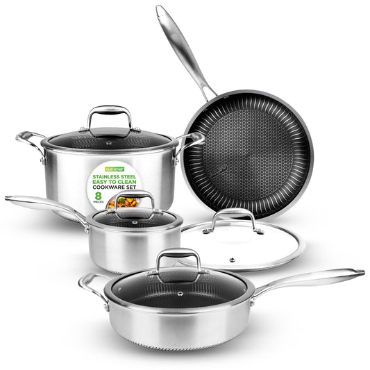 NutriChef 8-Piece Triply Cookware Set Stainless Steel - Triply Kitchenware Pots & Pans Set Kitchen Cookware, Non-Stick Coating - Sauce Pot, Stew Pot, Cooking Pot, Frying Pan, Lids - NC3PLY8Z