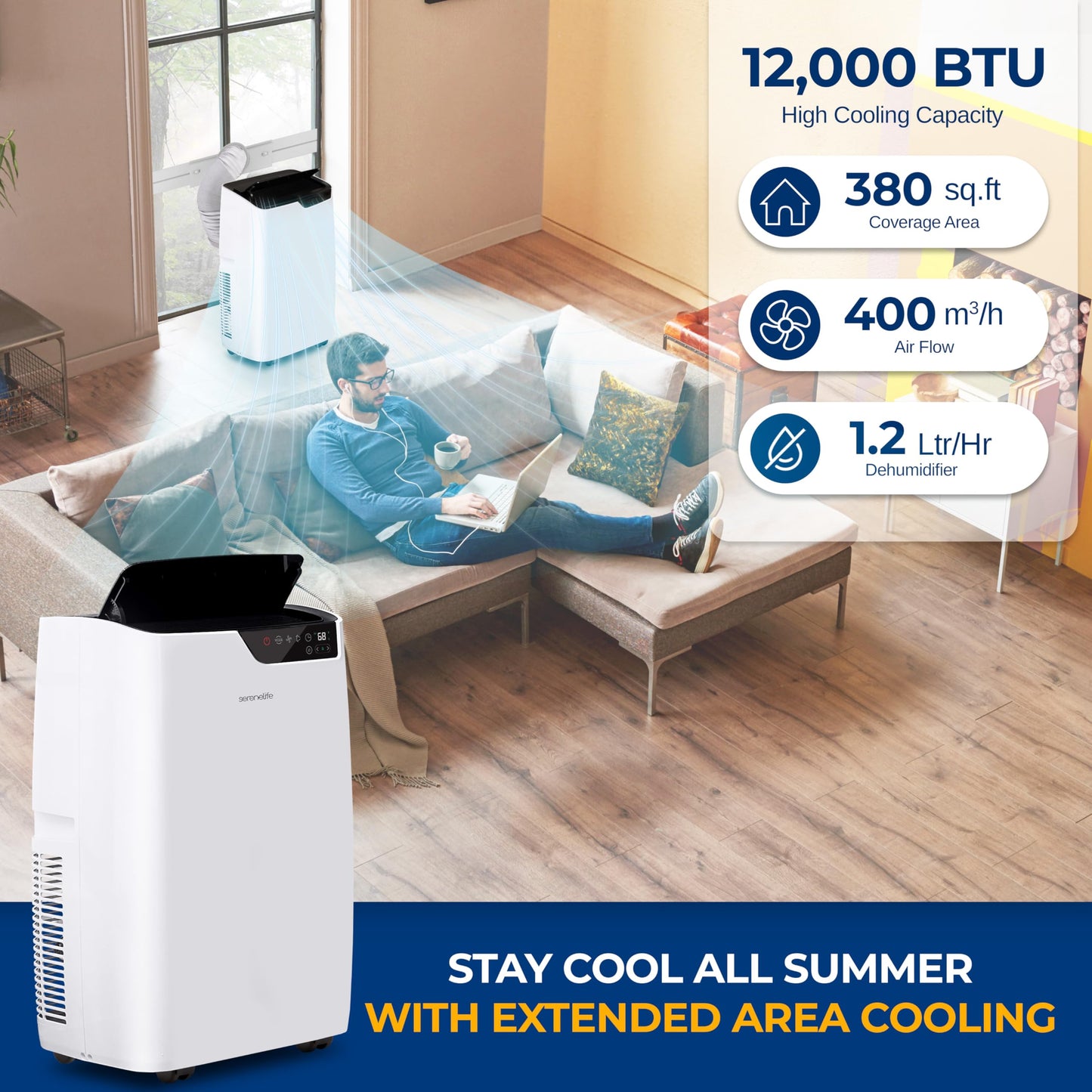 SereneLife Portable Air Conditioner 12000 BTU - 4-in-1 with Heating - Compact Standing Air Conditioner for Room Up to 380 Sq. Ft. - WiFi app + Remote Control, Window Mount Exhaust Kit
