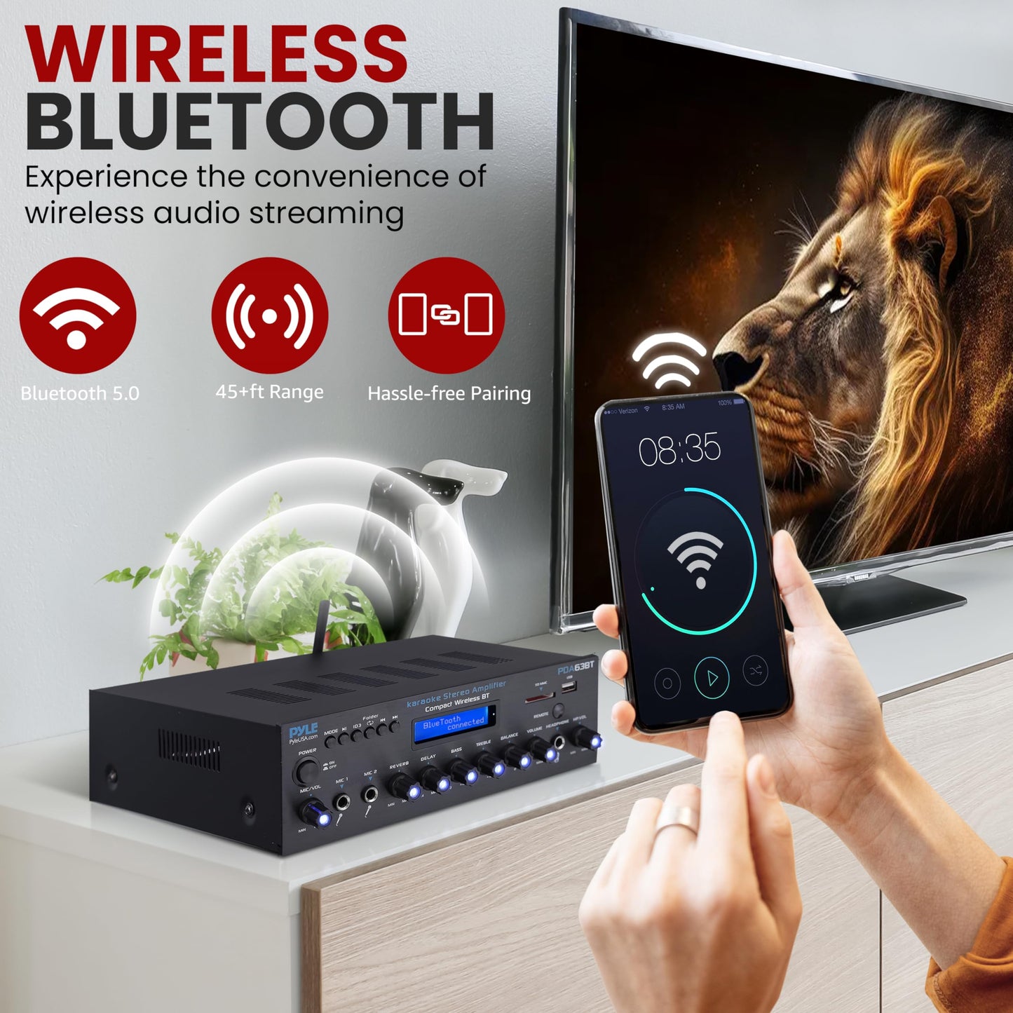 Pyle Wireless BT Stereo Amplifier - Multi Channel, 200 Watt Power, Home Audio Receiver System with FM Radio, BT, USB SD, AUX, RCA, Mic-in, BT and FM Antenna - PDA63BT