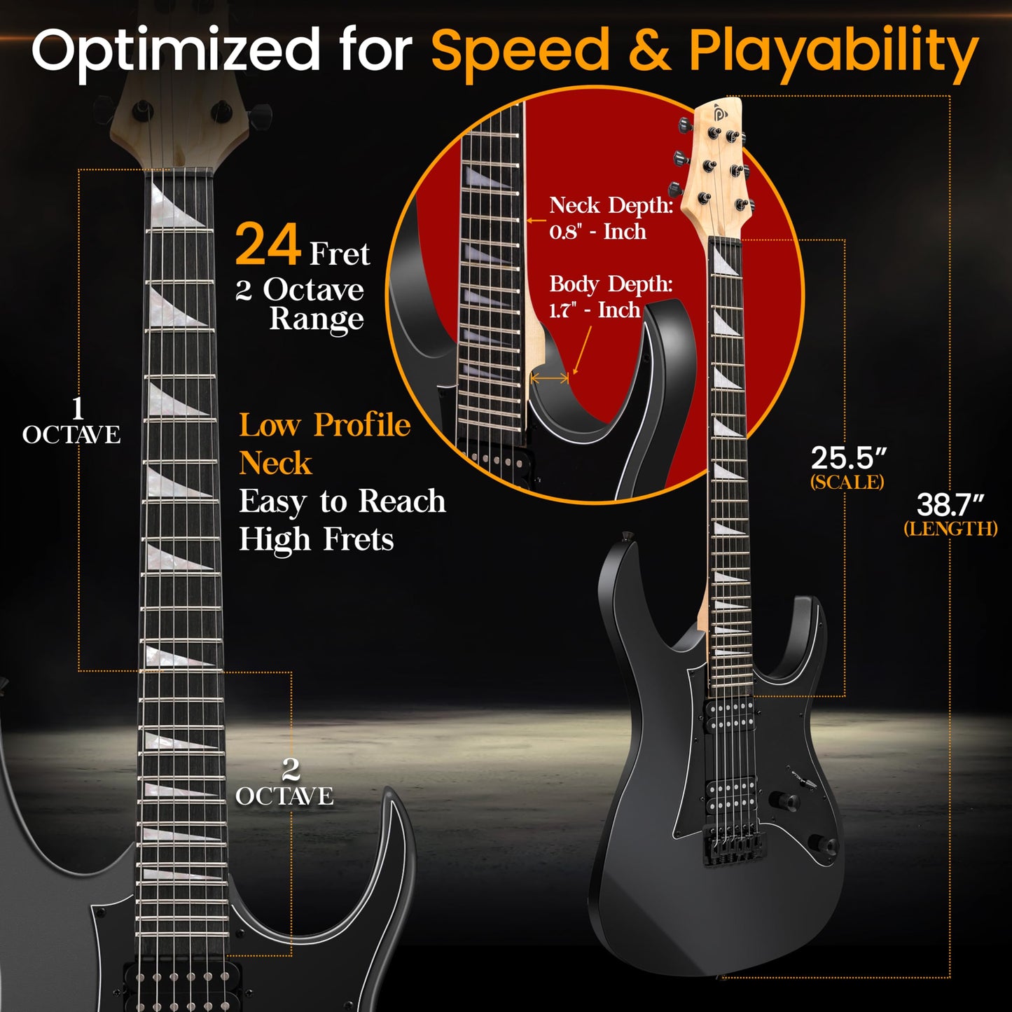 Pyle Prog Rock EG Series Electric Guitar with Amp Kit, 39" Full Size with Dual Humbucker Pickups, Low Profile Neck and Solid Paulownia Body, Premium Accessory Kit Included (Black Matte)
