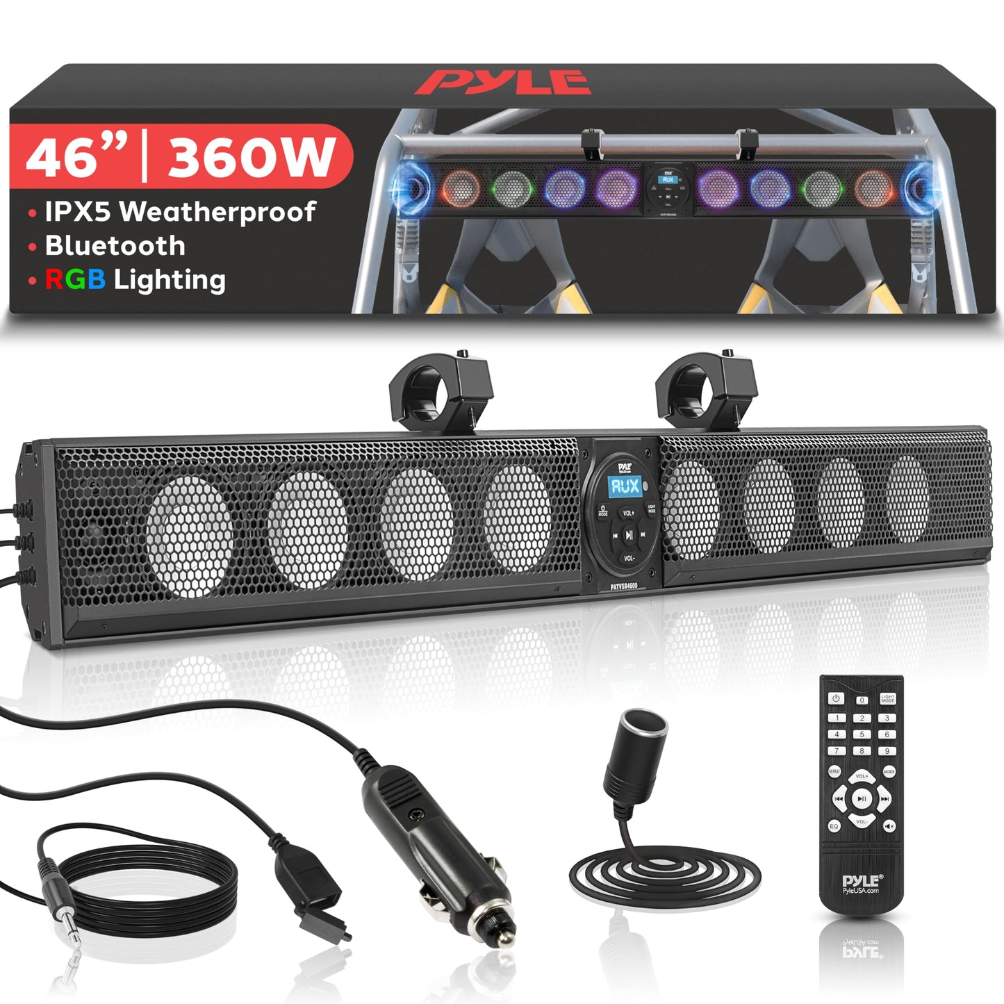 Pyle 46" Marine Sound Bar Speaker System for ATV/UTV with Bluetooth, 360W Peak Power Built-in Amplifier, 8x4 Woofers, 2x1 Treble, Remote Control, USB/AUX Input, Handlebar Mount, IPX5 Waterproof
