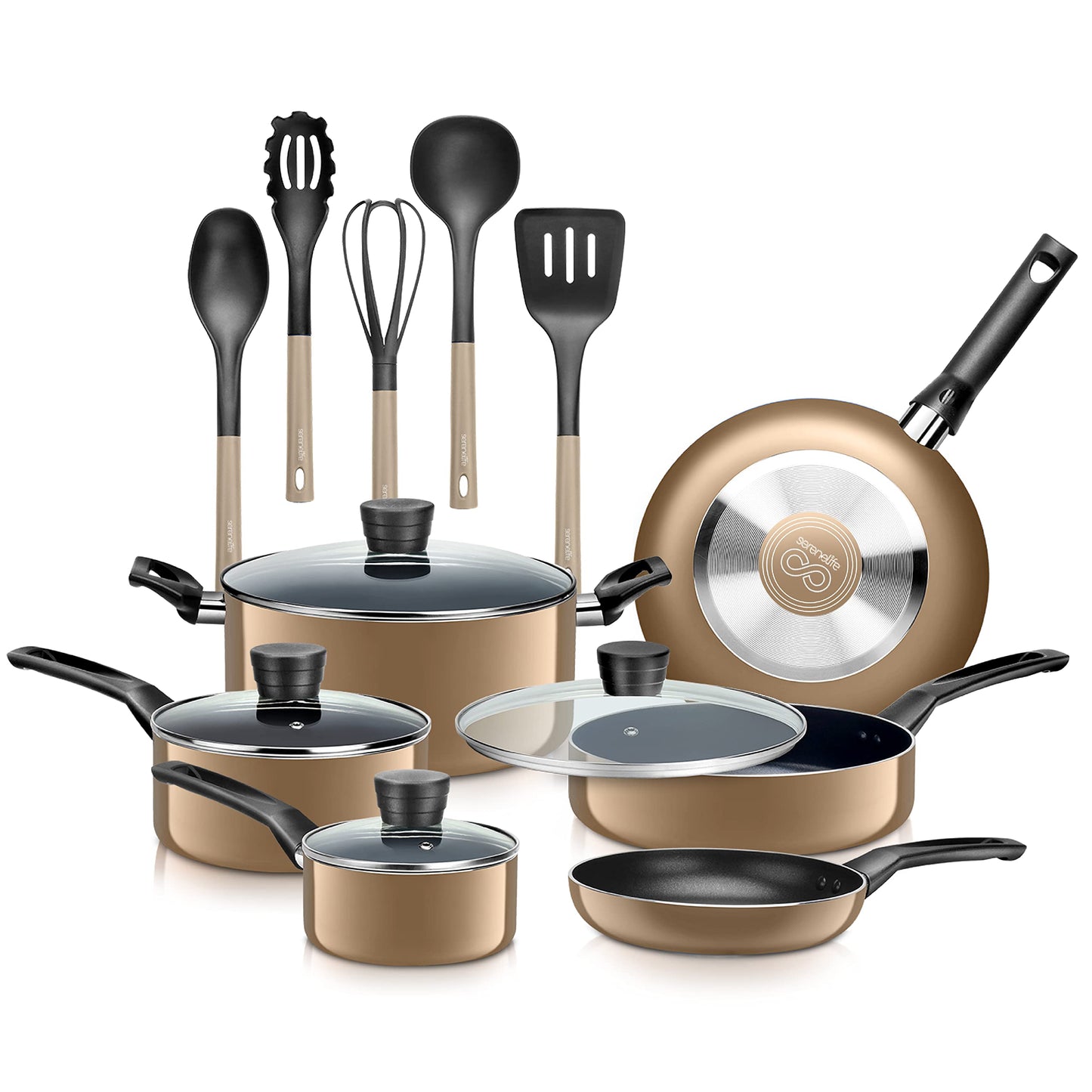 SereneLife Kitchenware Pots & Pans Basic Kitchen Cookware, Black Non-Stick Coating Inside, Heat Resistant Lacquer (15-Piece Set), One Size, Gold