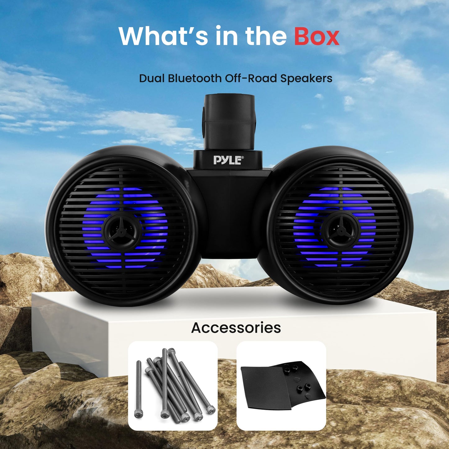 Pyle Dual Bluetooth Off-Road Speakers - 6.5” 200W 2-Way Marine Waterproof Wakeboard Tower Sound System w/LED Light, Full Range Outdoor Stereo Speaker for Car ATV Jeep Boat, Includes Brackets (Black)