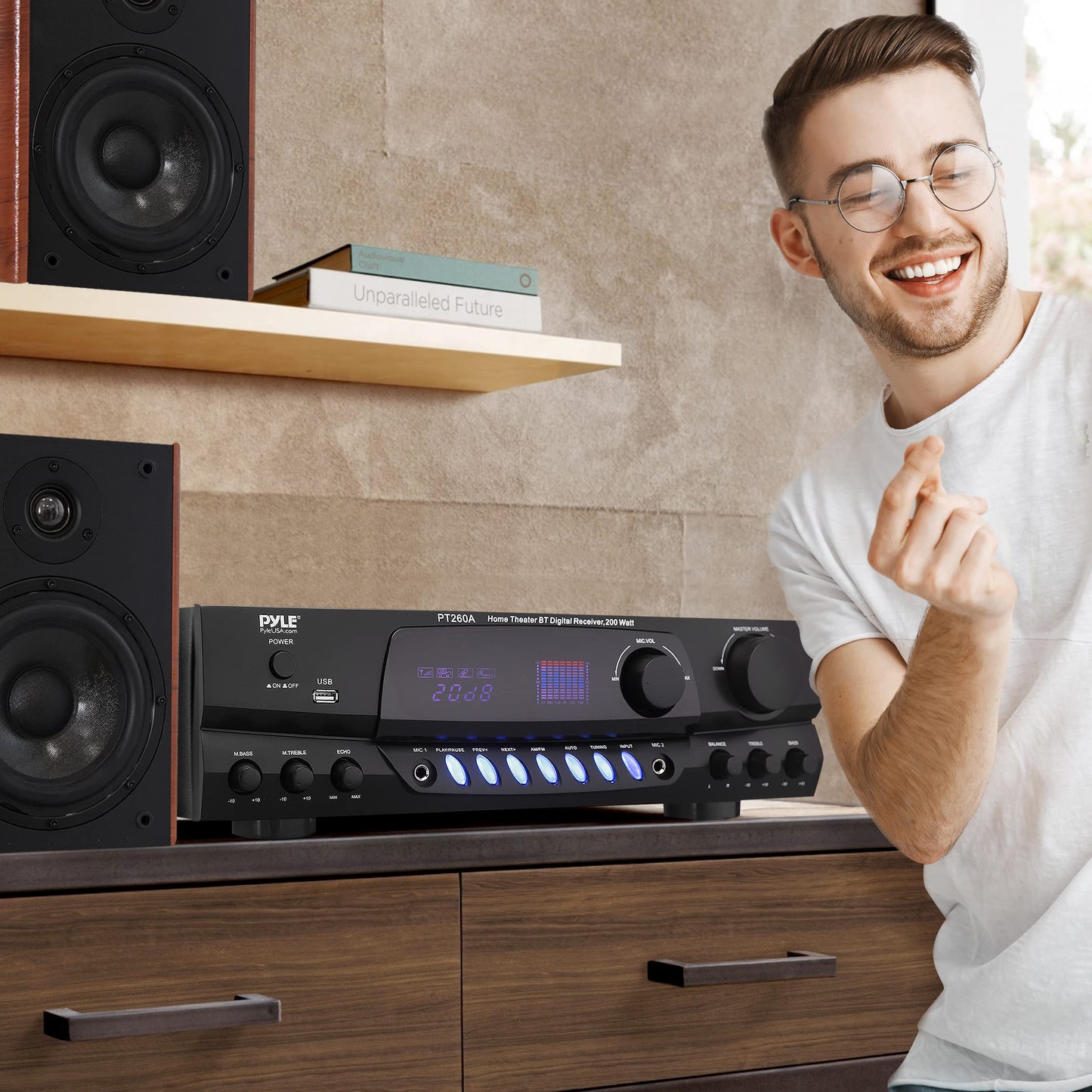Pyle 200W Home Audio Power Amplifier - Stereo Receiver with AM/FM Tuner - 2 Mic Inputs with Echo - Digital Display - EQ Controls - Remote Control - Ideal for Karaoke & Home Entertainment - PT260A