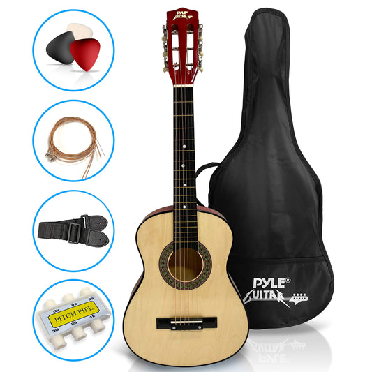 Pyle 30” Classical Acoustic 6 String Linden Traditional Style Guitar w/Wood Fretboard, Case Bag, Nylon Strap, Tuner, 3 Picks-for Beginner, Children Use, Right Handed, (PGAKT30)