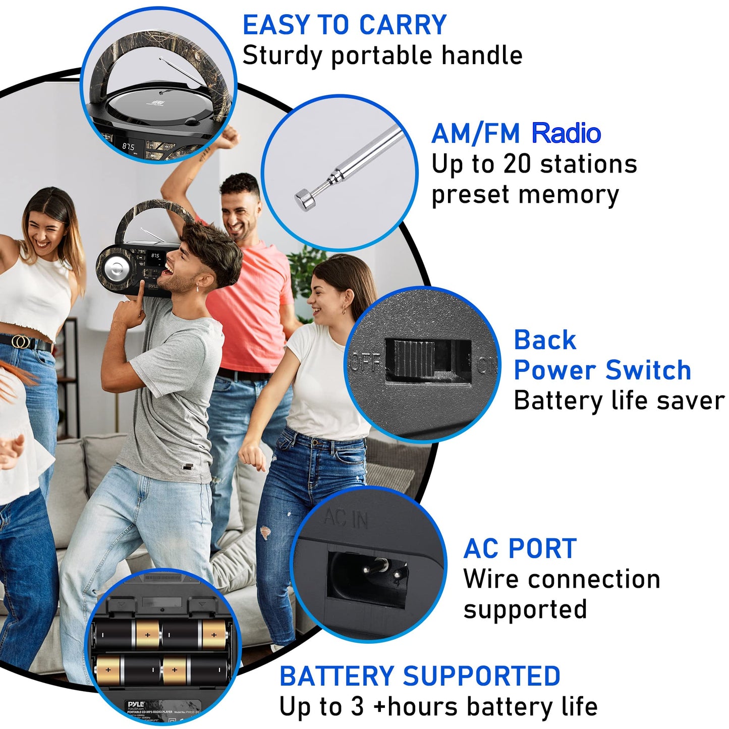 PYLE CD PLAYER PORTABLE, CD PLAYERS FOR HOME, PORTABLE CD PLAYER, 50W MAX POWER, WIRELESS BT STREAMING, AM/FM RADIO, USB PORT, INCLUDES AC/DC POWER CORD, 3.5MM AUX INPUT, HEADPHONE JACK