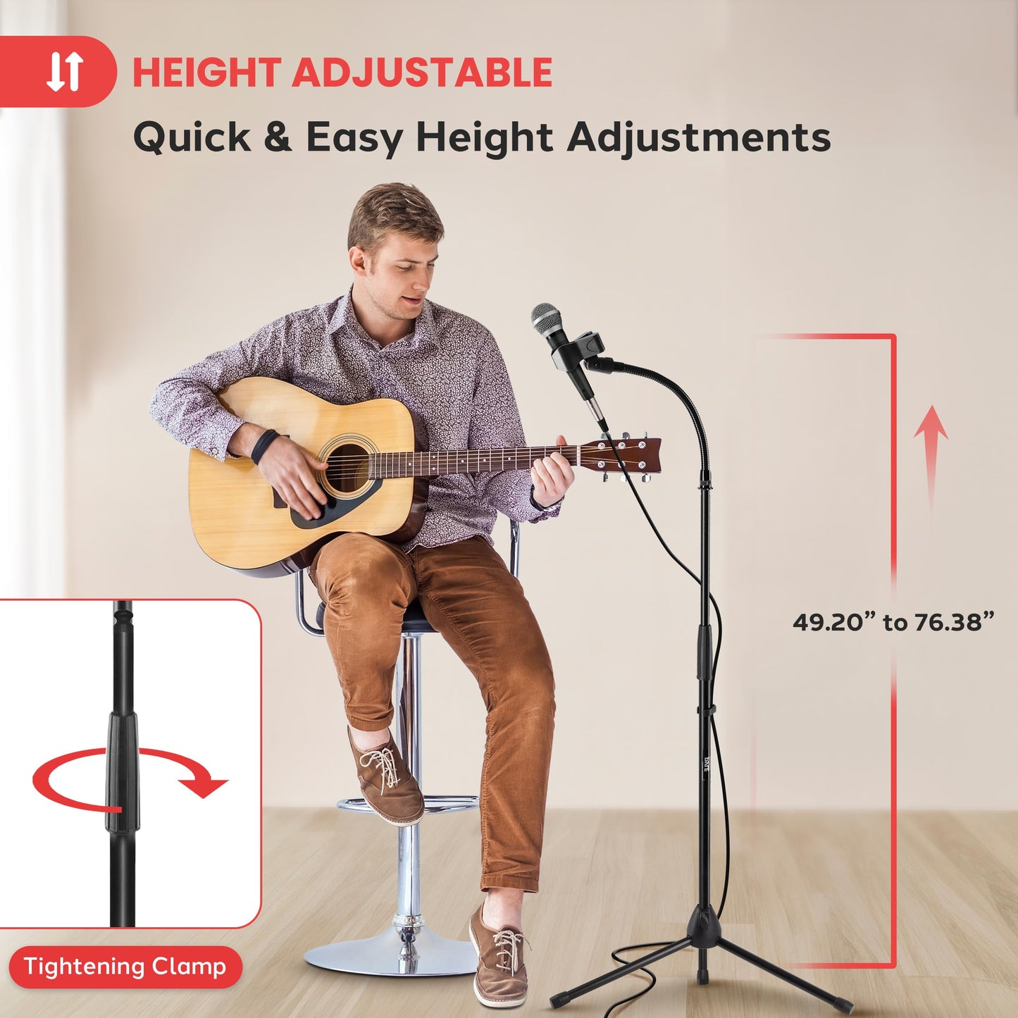 Pyle Tripod Mic Stand, Adjustable Gooseneck Microphone Stand, Sturdy Build, Non-Slip Rubber Feet, Folds Flat for Compact Storage, Includes Mic Clip & 5/8" Adapter, 52.36" to 79.13" Inch