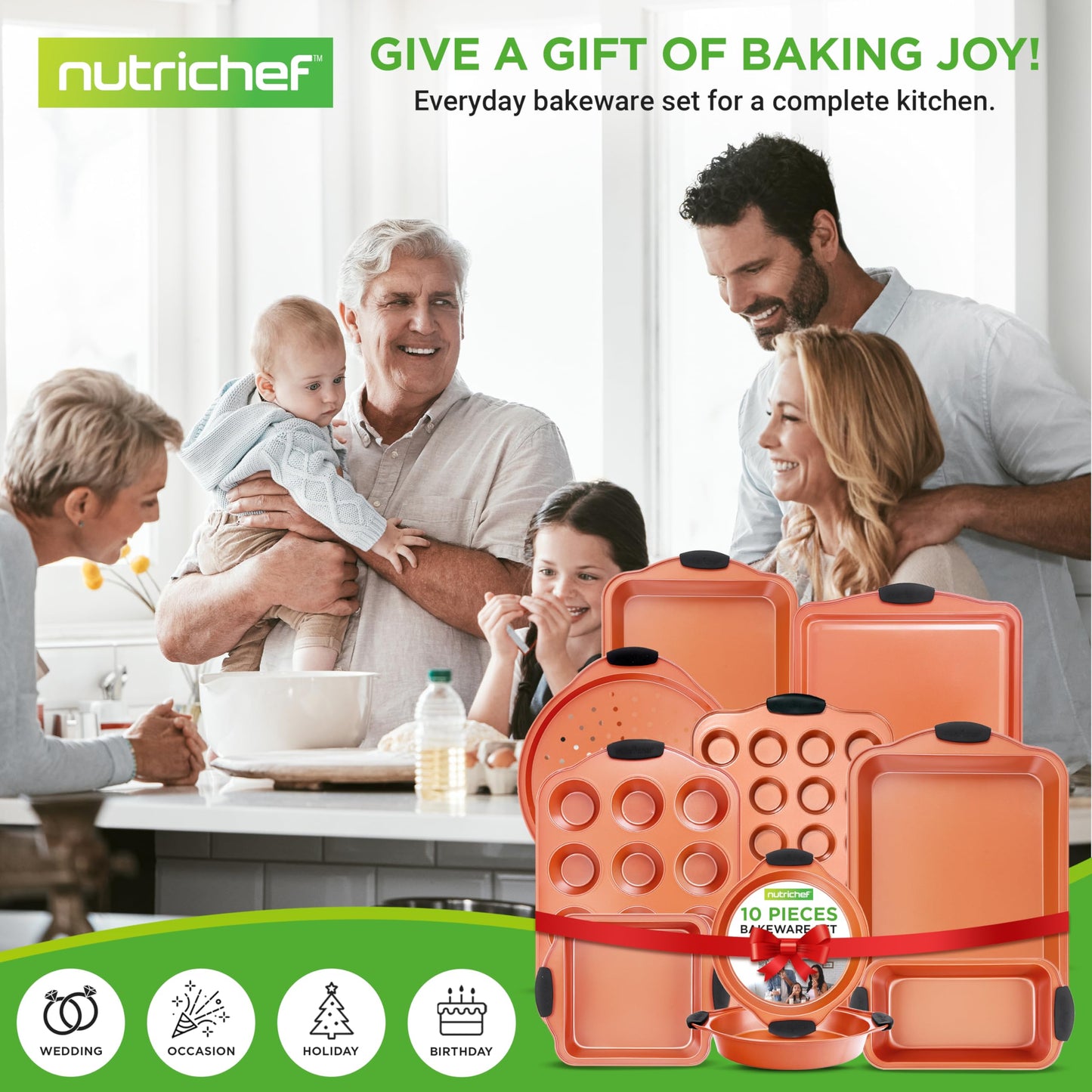 NutriChef 10-Piece Nonstick Baking Pan Set – Durable Carbon Steel Bakeware with Silicone Handles – Bakeware set Includes Cookie Sheet, Muffin, Cake, Pizza & Roasting Pans – Even Heating, Easy Cleanup