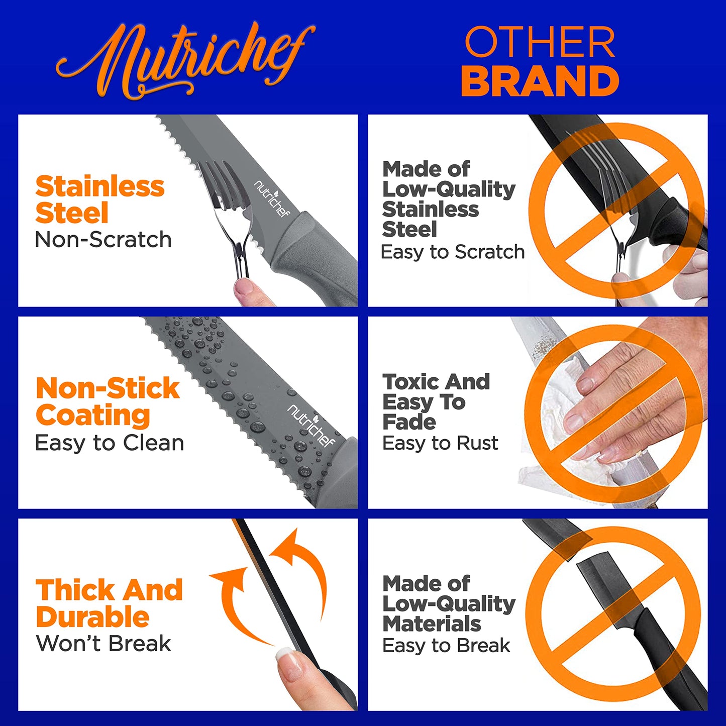 8 Piece Kitchen Knife Set - Multi-purpose Unbreakable Ergonomic Non-stick Stainless Steel Kitchen Steak Knives Set with Fully Serrated Blades - Great for BBQ Grill - NCSK8GY