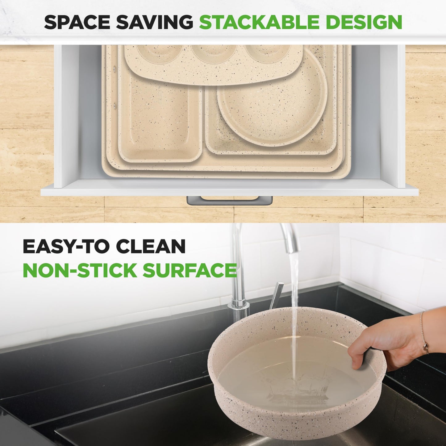 NutriChef 8-Piece Stackable Bakeware Set | Carbon Steel Non-Stick Baking Pan Set | Includes Sheet, Muffin, Round, Loaf, Square Cake & Deep Pans | No PFOA & PFOS | Oven Safe to 450 F (Marble Cream)
