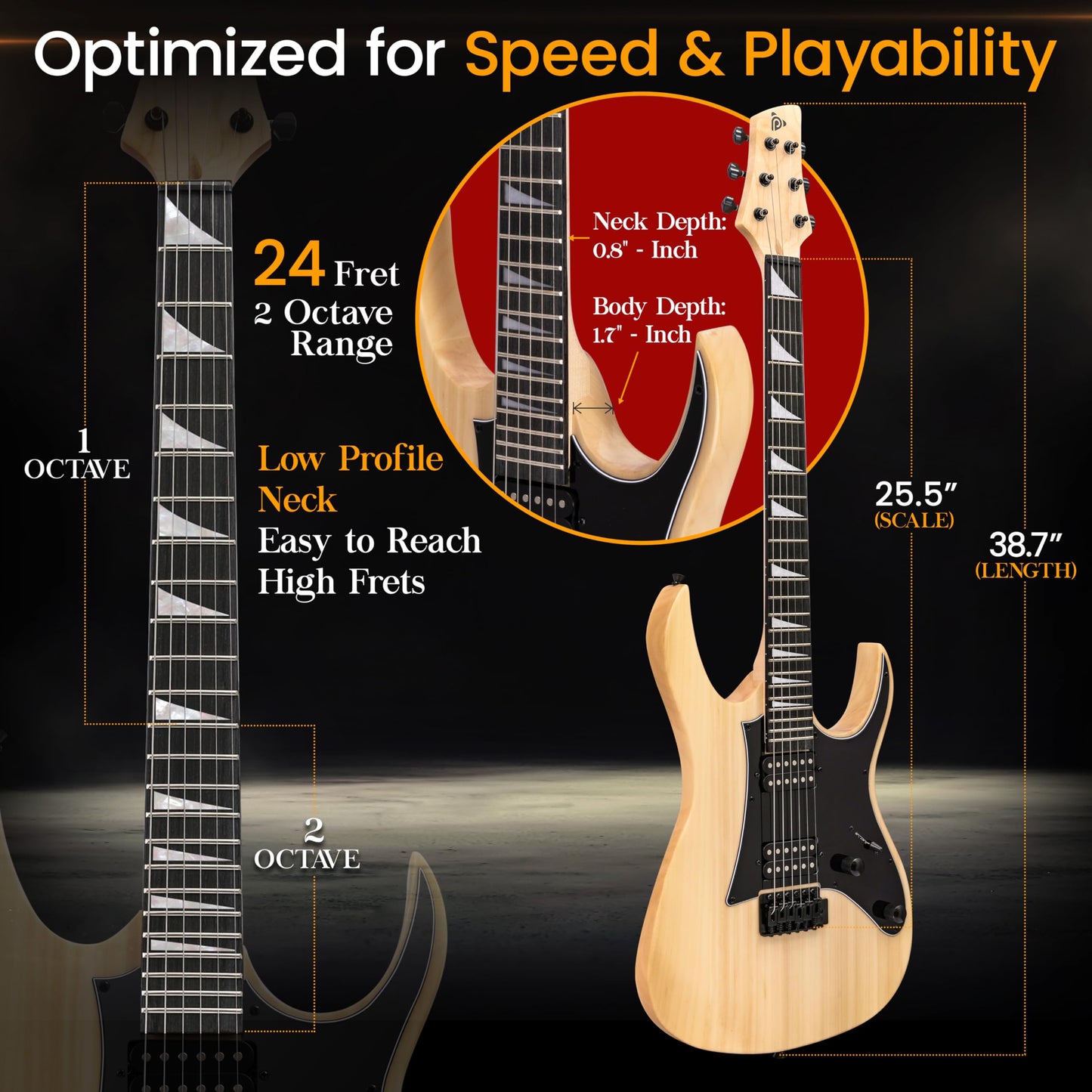Pyle Prog Rock EG Series Electric Guitar with Amp Kit, 39" Full Size with Dual Humbucker Pickups, Low Profile Neck and Solid Paulownia Body, Premium Accessory Kit Included (Natural)
