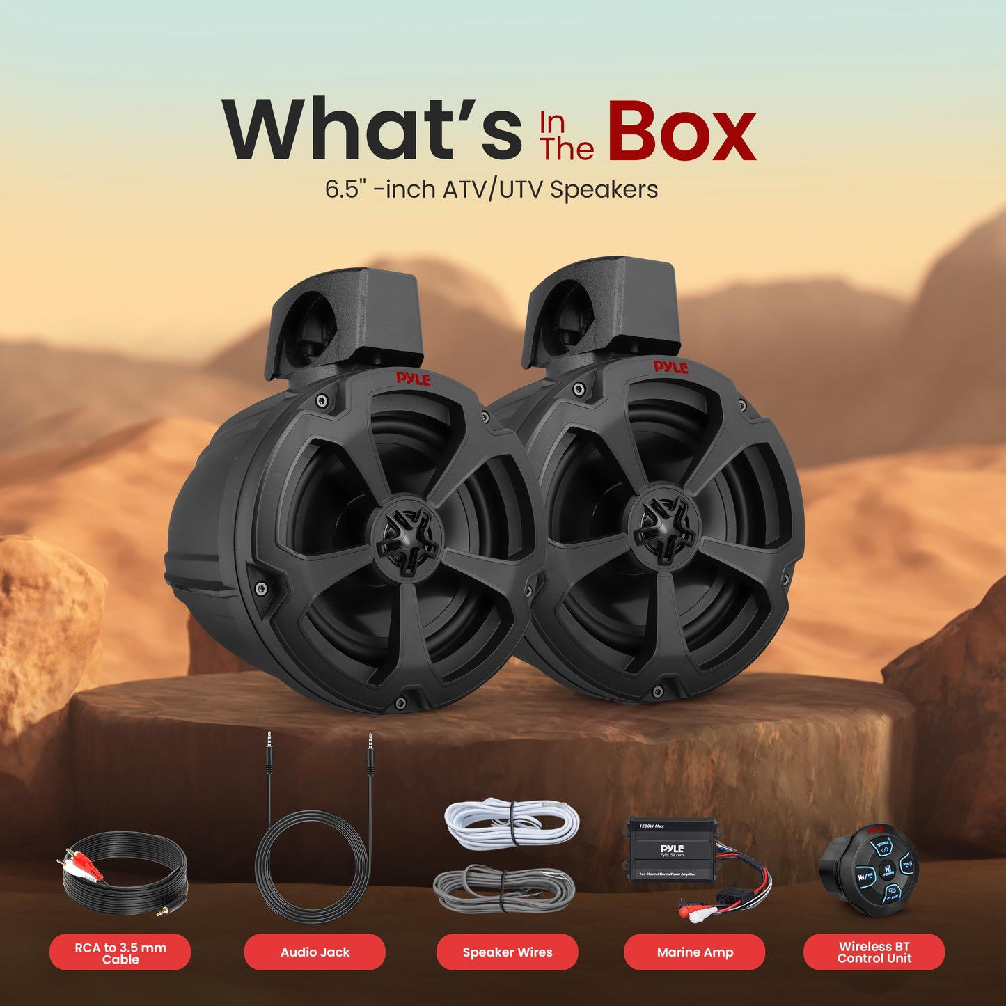 Pyle 6.5'' Water-Resistant Marine Off-Road Speakers - 1200 Watt Amplifier + Wireless BT Audio Controller- Marine, ATV, UTV, 4x4, Jeep, Wired RCA, for Boat Stereo Speaker & Other Watercraft