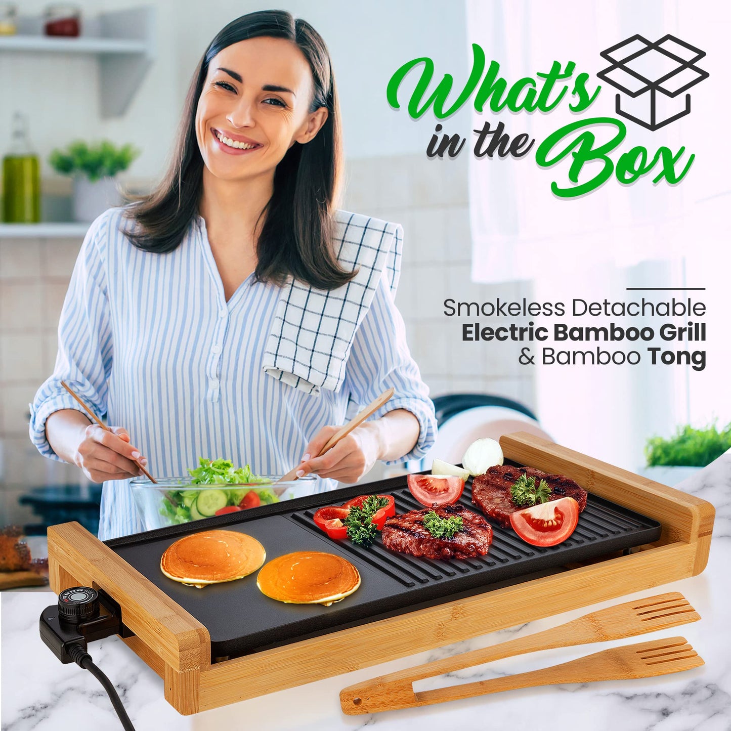 NutriChef Smokeless Indoor Electric Grill – Bamboo Tray, Non-Stick Plate, Adjustable Thermostat, Dishwasher Safe, 1800W Power