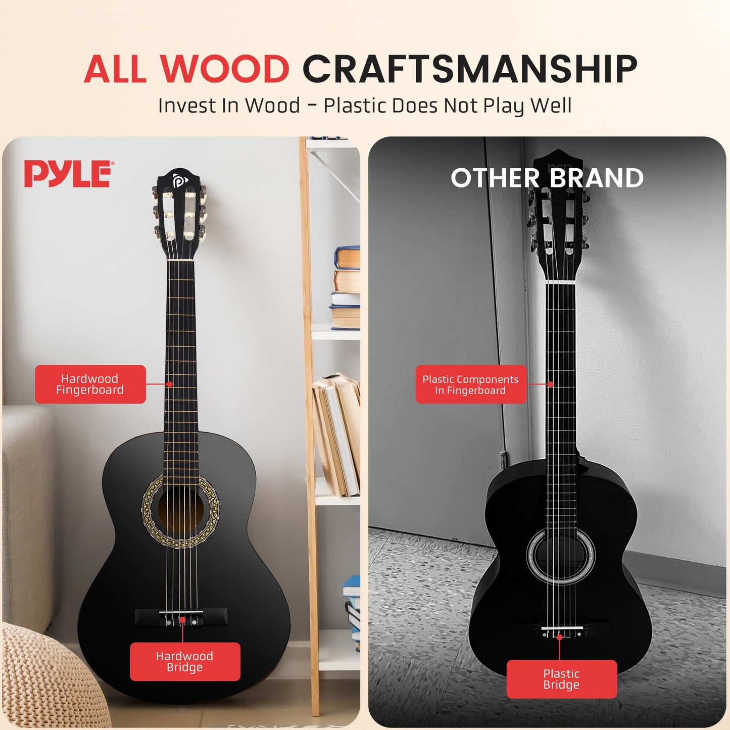 Pyle Beginner Acoustic Guitar Kit, 1/4 Junior Size All Wood Instrument for Adults, Kids, 30" Black Matte