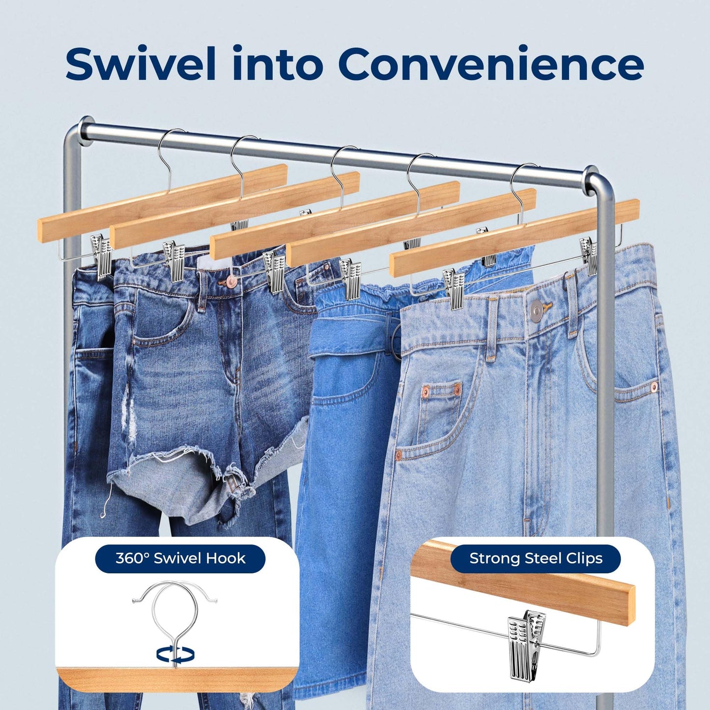 SereneLife 30 Pack Wooden Pants Hangers with Clips – Natural Wood 14"x0.5"x6.7", Heavy Duty Wood Skirt Hangers with 360° Swivel Hook & Adjustable Non-Slip Clips for Jeans Slacks Shorts