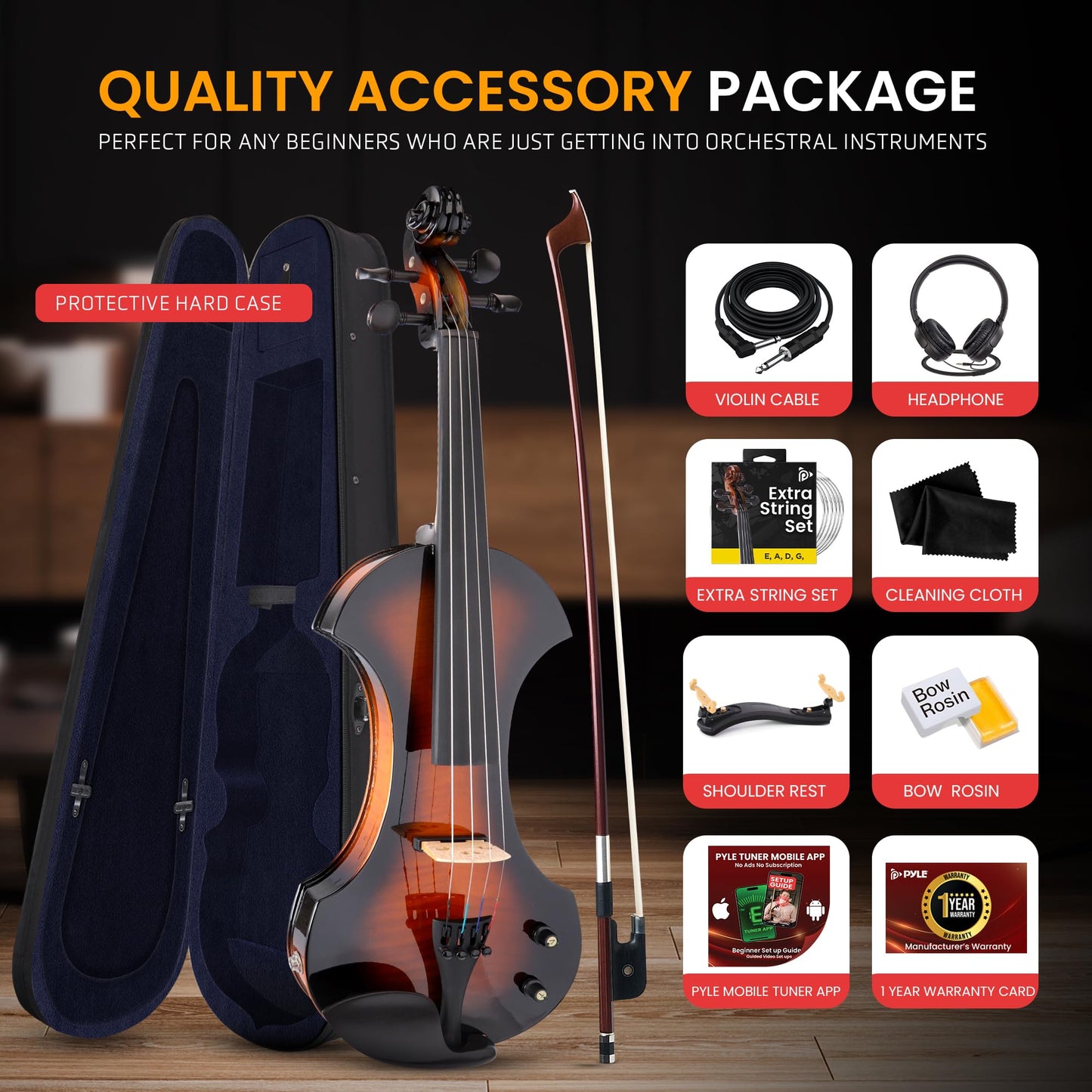 Pyle Full Size Electric Violin Kit - 4/4 Solid Wood Silent Fiddle with Hard Case, Bow, Ebony Fittings, and Digital Tuner
