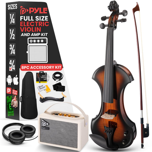 Pyle 4/4 Silent Electric Violin with Amplifier Kit, Solid Wood Fiddle with 10W Amp and Complete Accessories, Full Size Orchestral String Instrument For Beginner & Professional Use